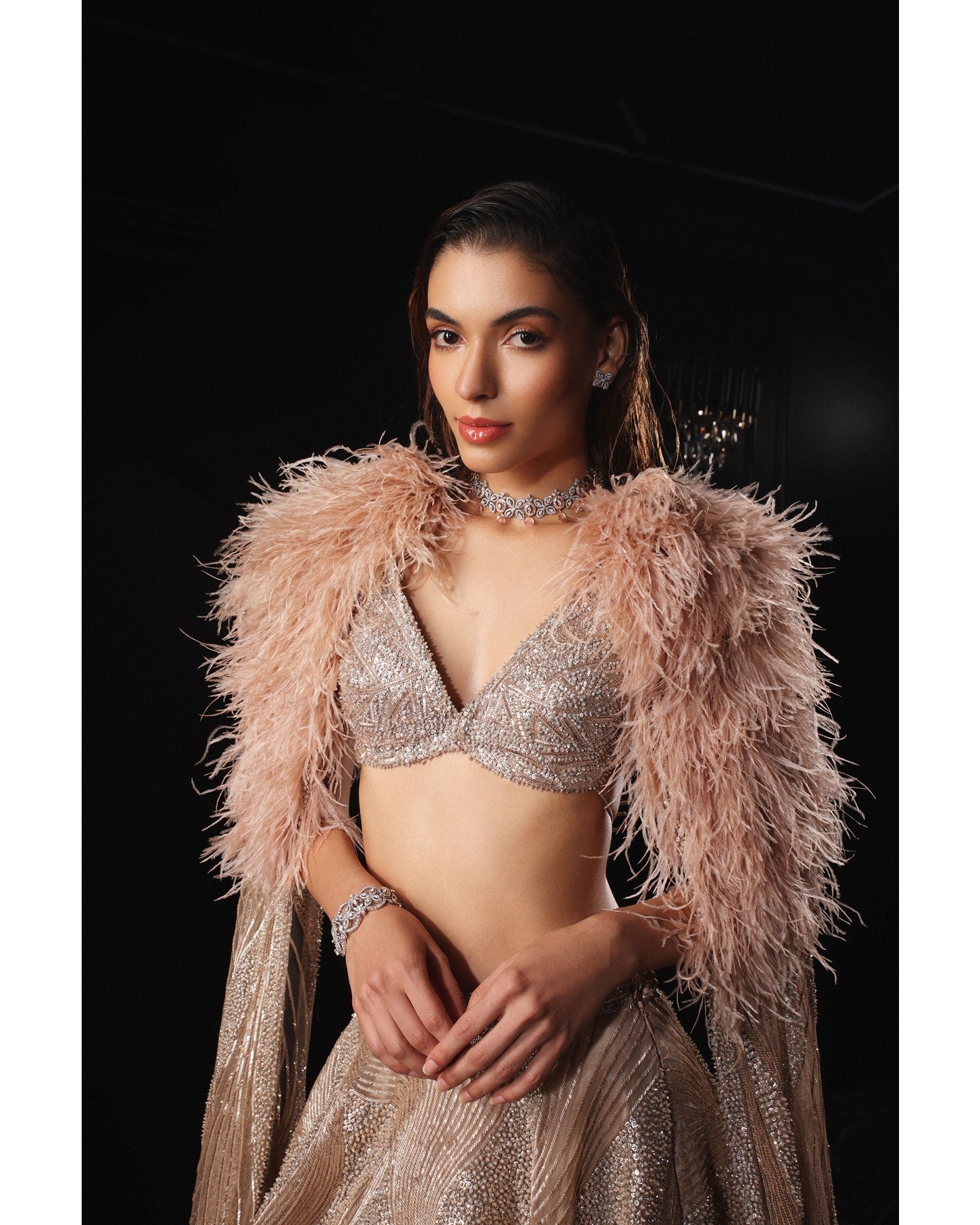 Elegance in every detail—our Light Coffee Brown Lehenga adorned with stones, crystals, sequins, and Japanese cut-dana creates a captivating symphony of sophistication.