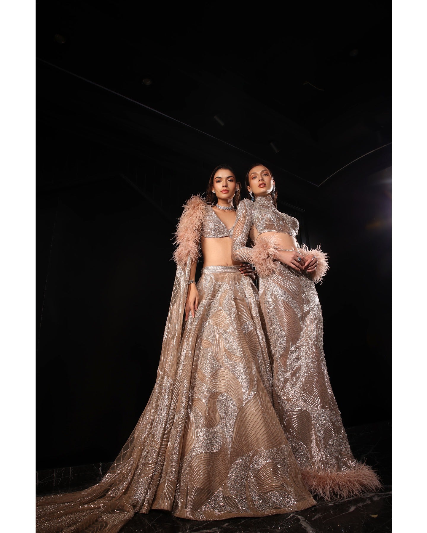 Elegance in every detail—our Light Coffee Brown Lehenga adorned with stones, crystals, sequins, and Japanese cut-dana creates a captivating symphony of sophistication.