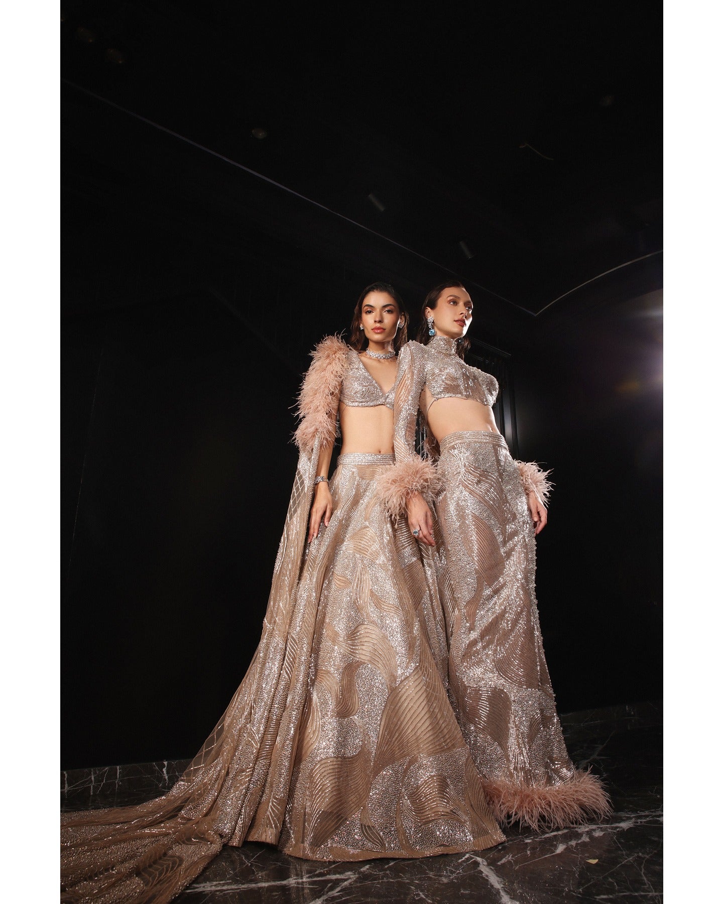 Elegance in every detail—our Light Coffee Brown Lehenga adorned with stones, crystals, sequins, and Japanese cut-dana creates a captivating symphony of sophistication.