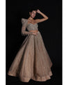 Elevate your elegance in our Champagne Lehenga, a sparkling symphony of stones, crystals, sequins, and Japanese cut-dana.