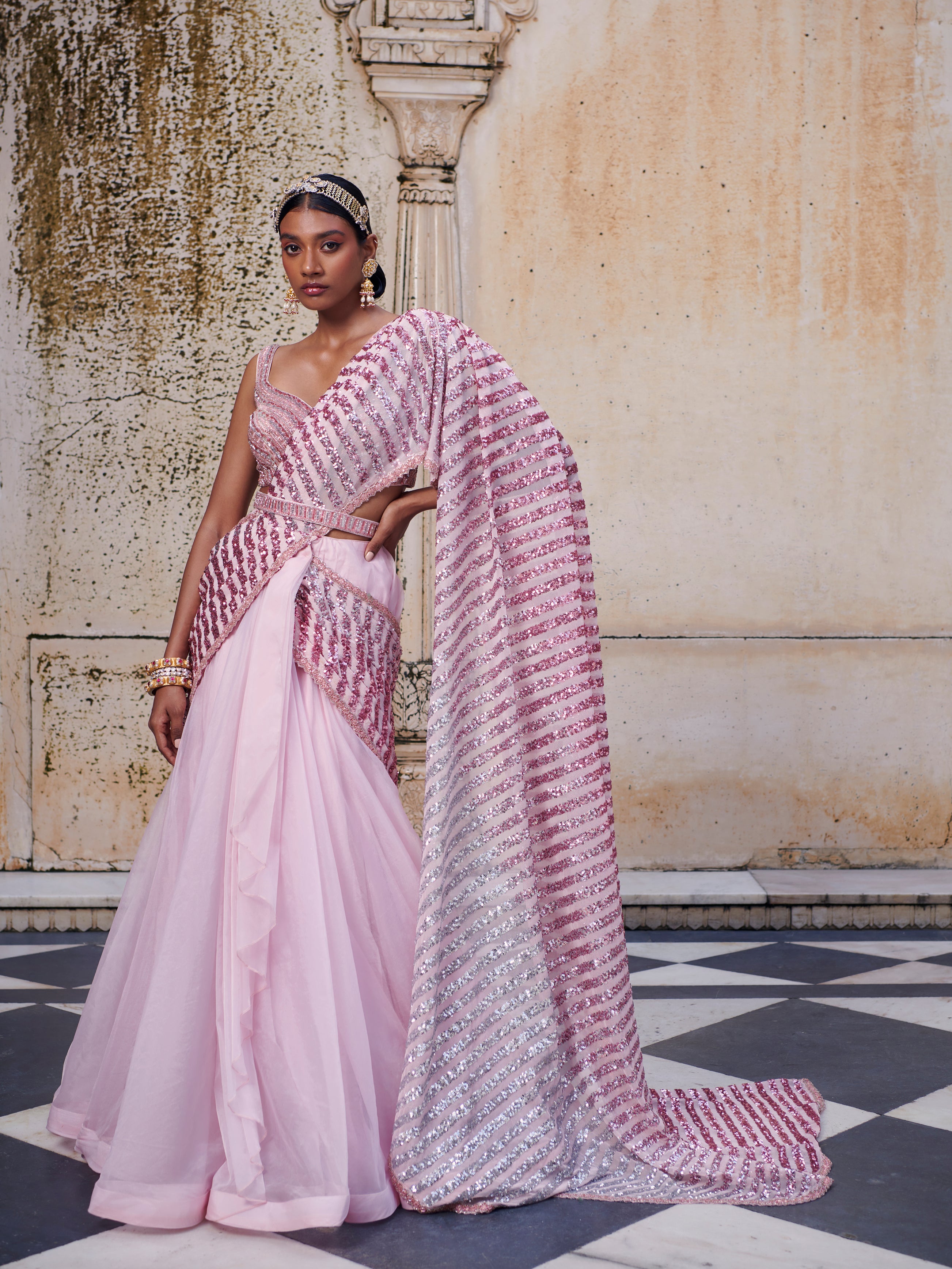 Pink Drape Saree Jigar and Nikita B Anu Designs