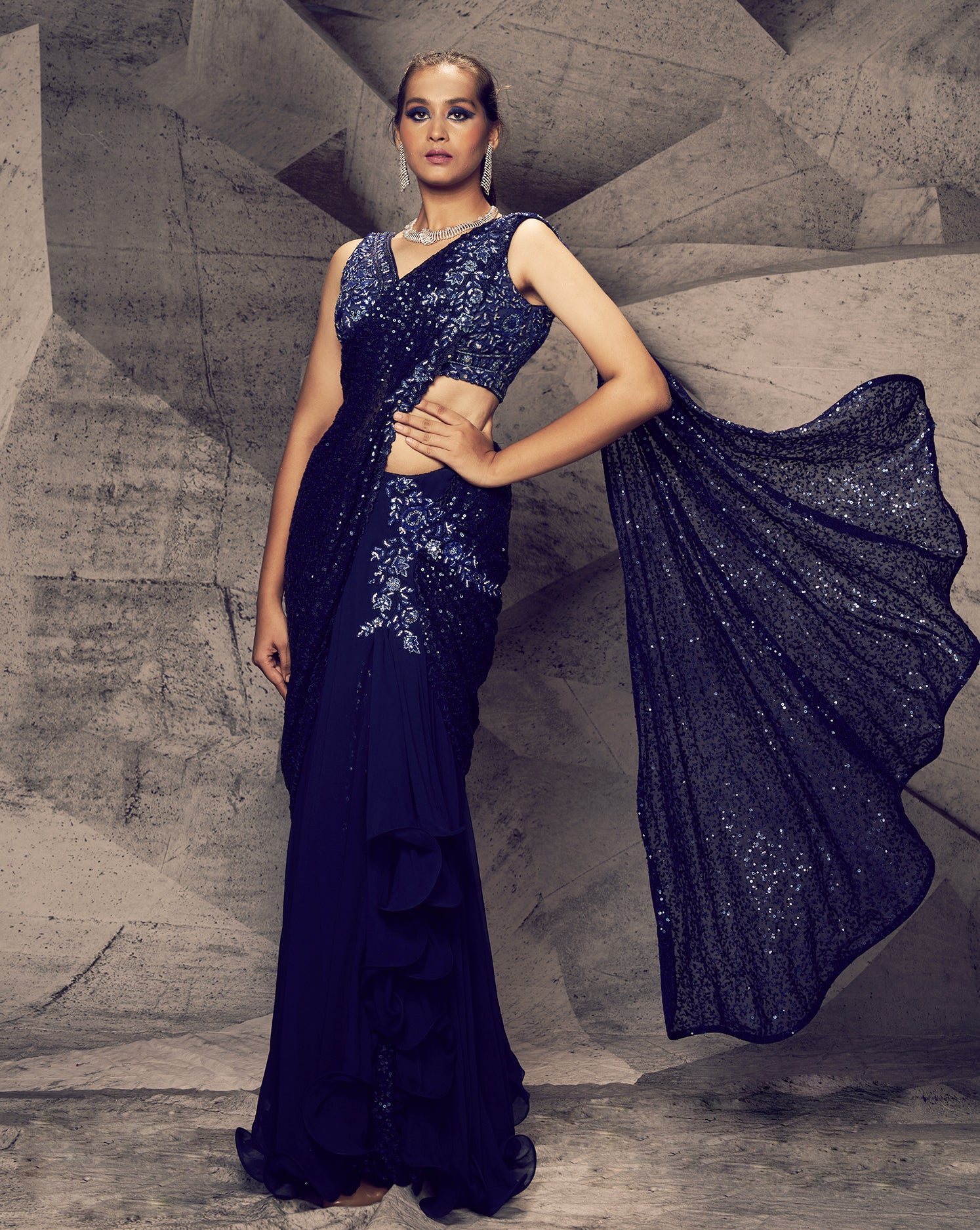 The Shimmering Blue Skirt Sari