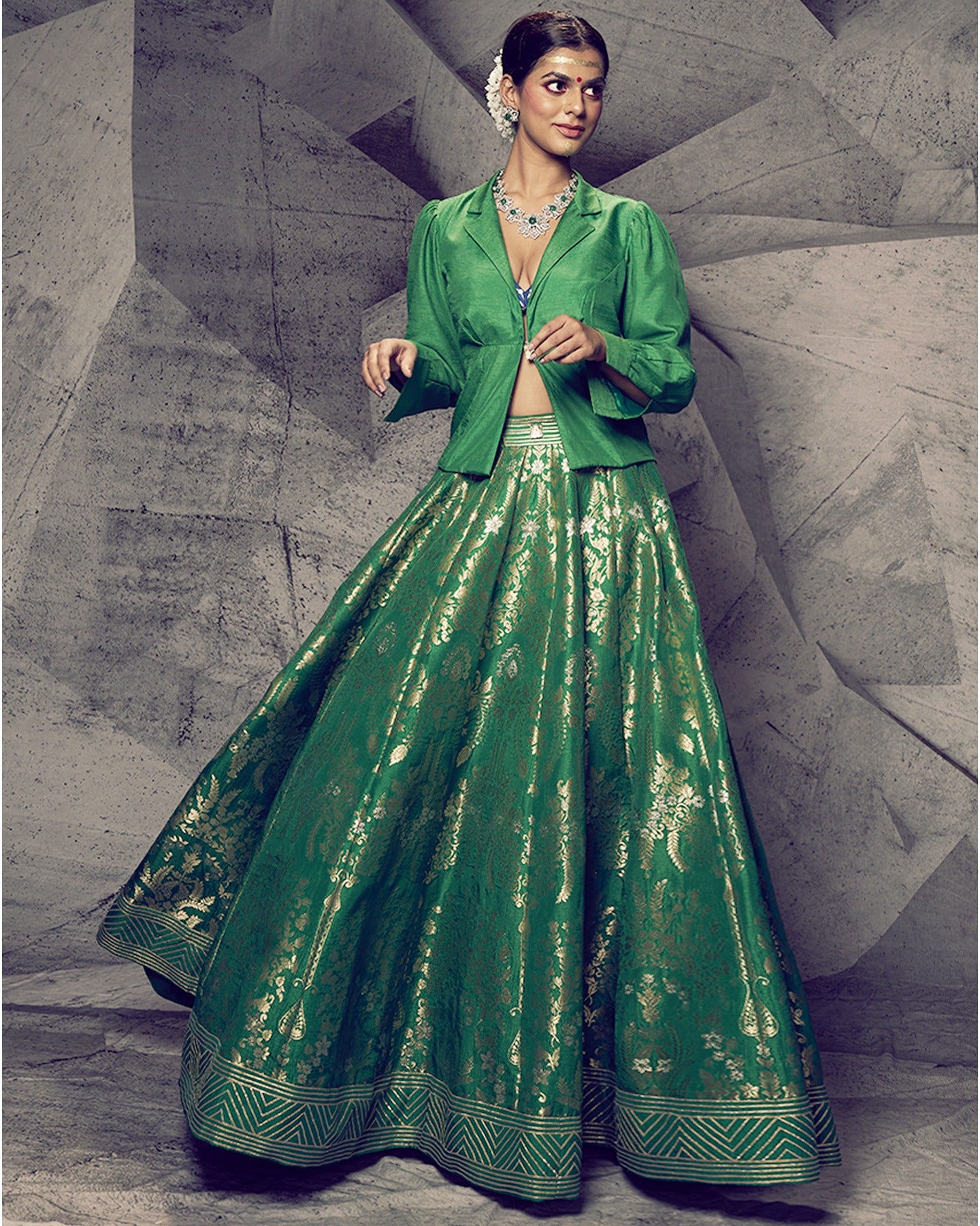 Radiating the freshness of nature, this green lehenga paired with a chic shirt is a modern ode to traditional elegance.