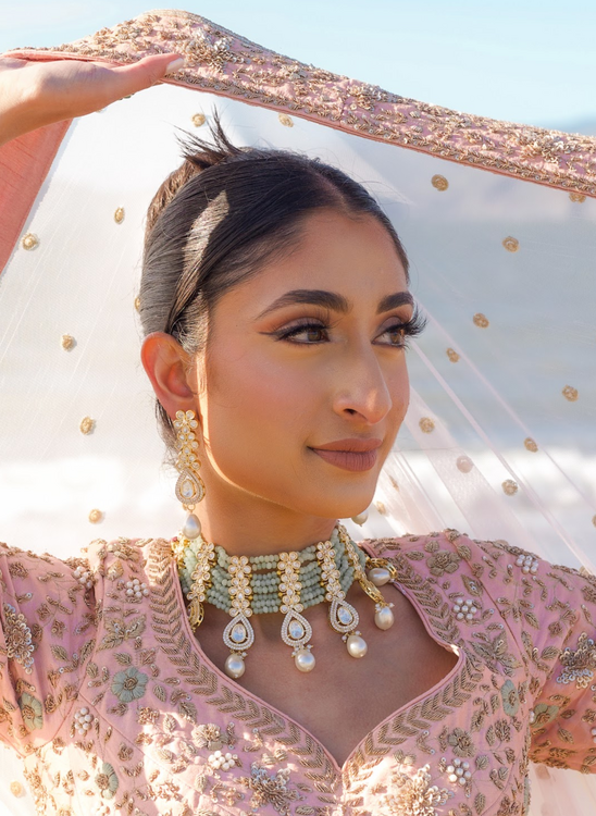 Harini - Modern Bridal Set w/ Pastel Green Stones, Kundan & Pearls