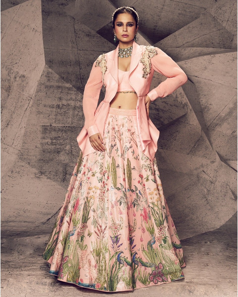 strapless open back dress The Pink Floral Blazer Lehenga | Pink Blazer Lehenga Set