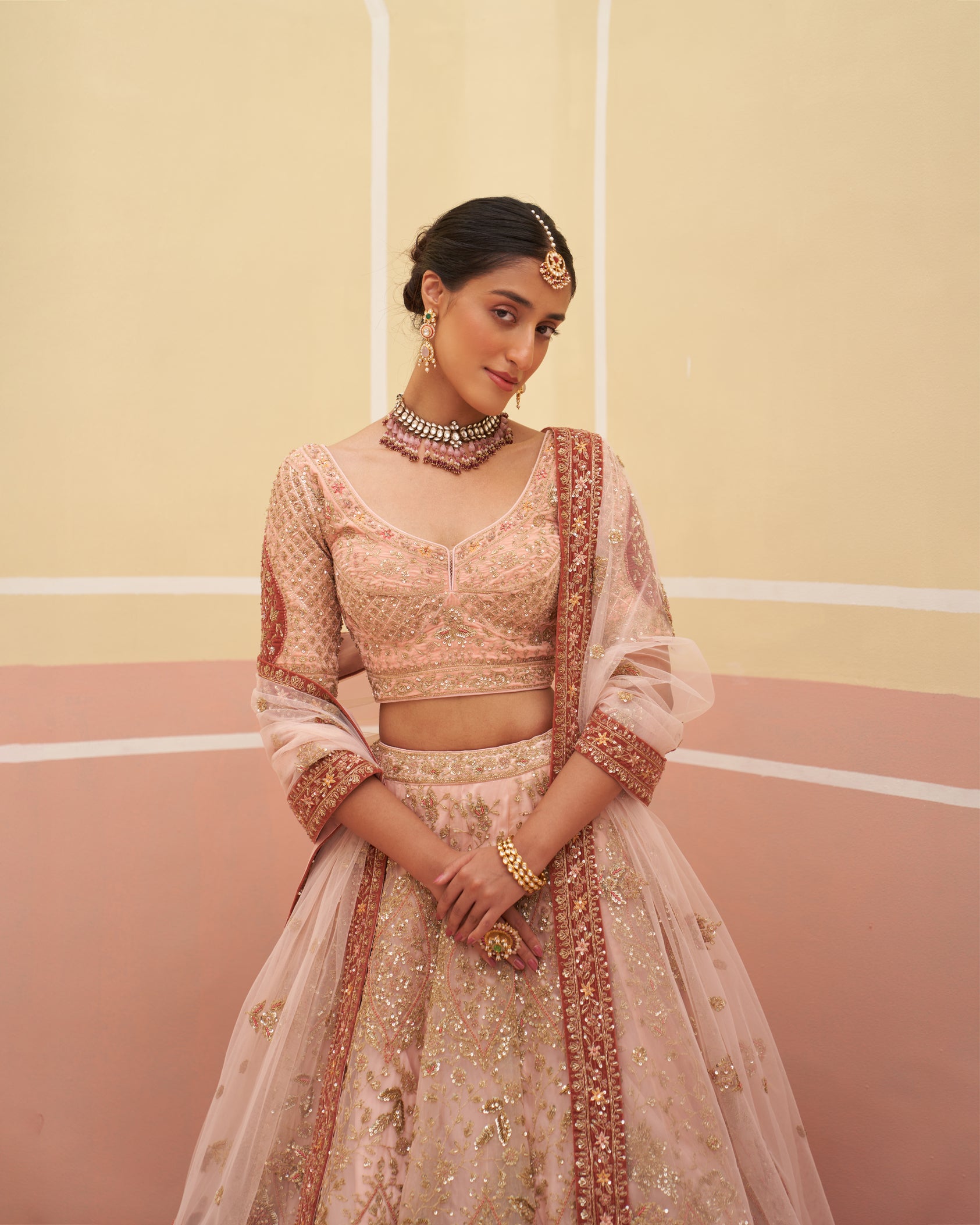 Elegant Peach Lehenga Set Crafted from Luxurious Organza Fabric