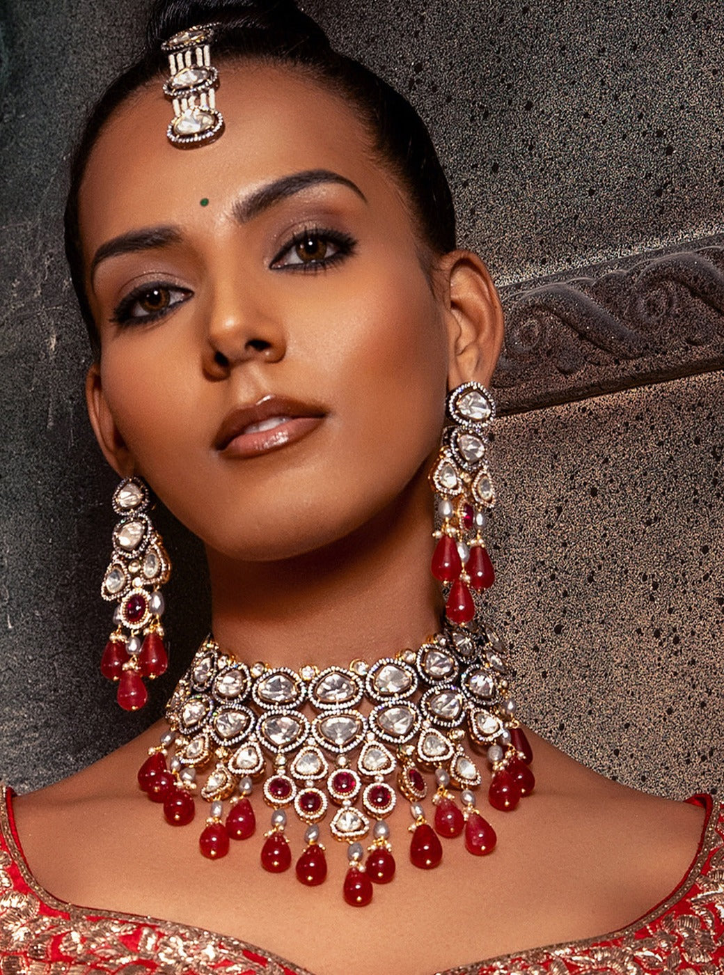 Red Polki Bridal Choker Set