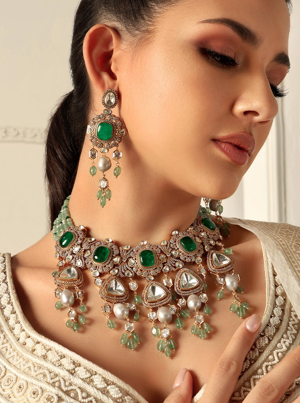 Green Polki Bridal Necklace Set