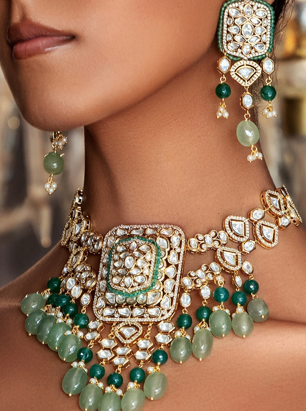 Polki & Green Jade Tumbles Bridal Necklace Set