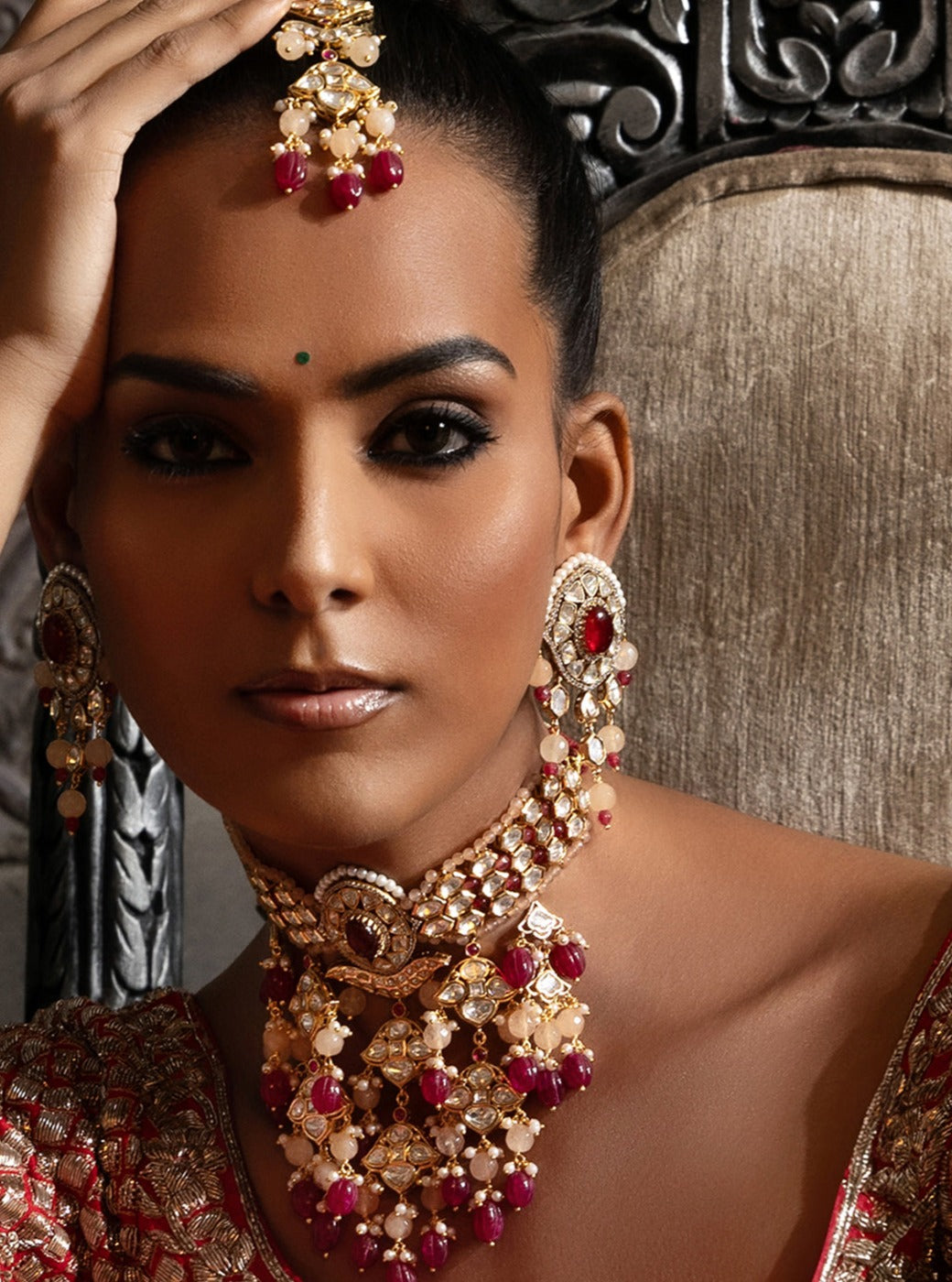 Red Polki Bridal Choker Set