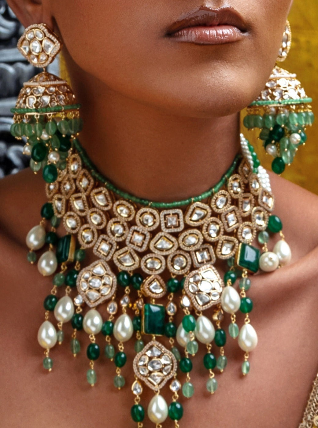 Bridal Necklace Set With Jades & Pearl Drops