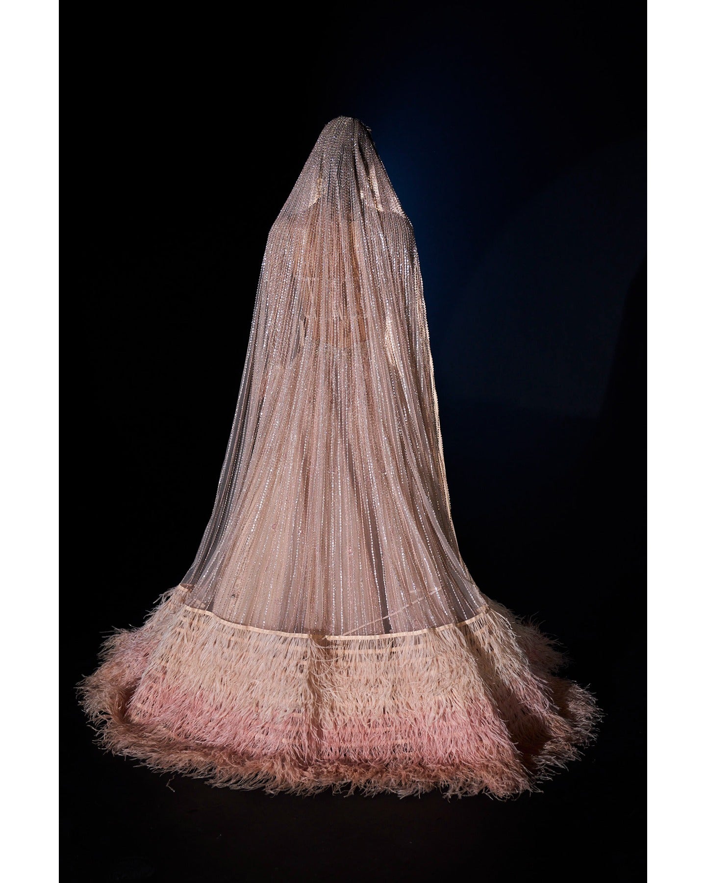 Draped in elegance, our Nude Pink Lehenga intricately embellished with stones, crystals, sequins, and Japanese cut-dana, unveils a timeless symphony of grace and sophistication.