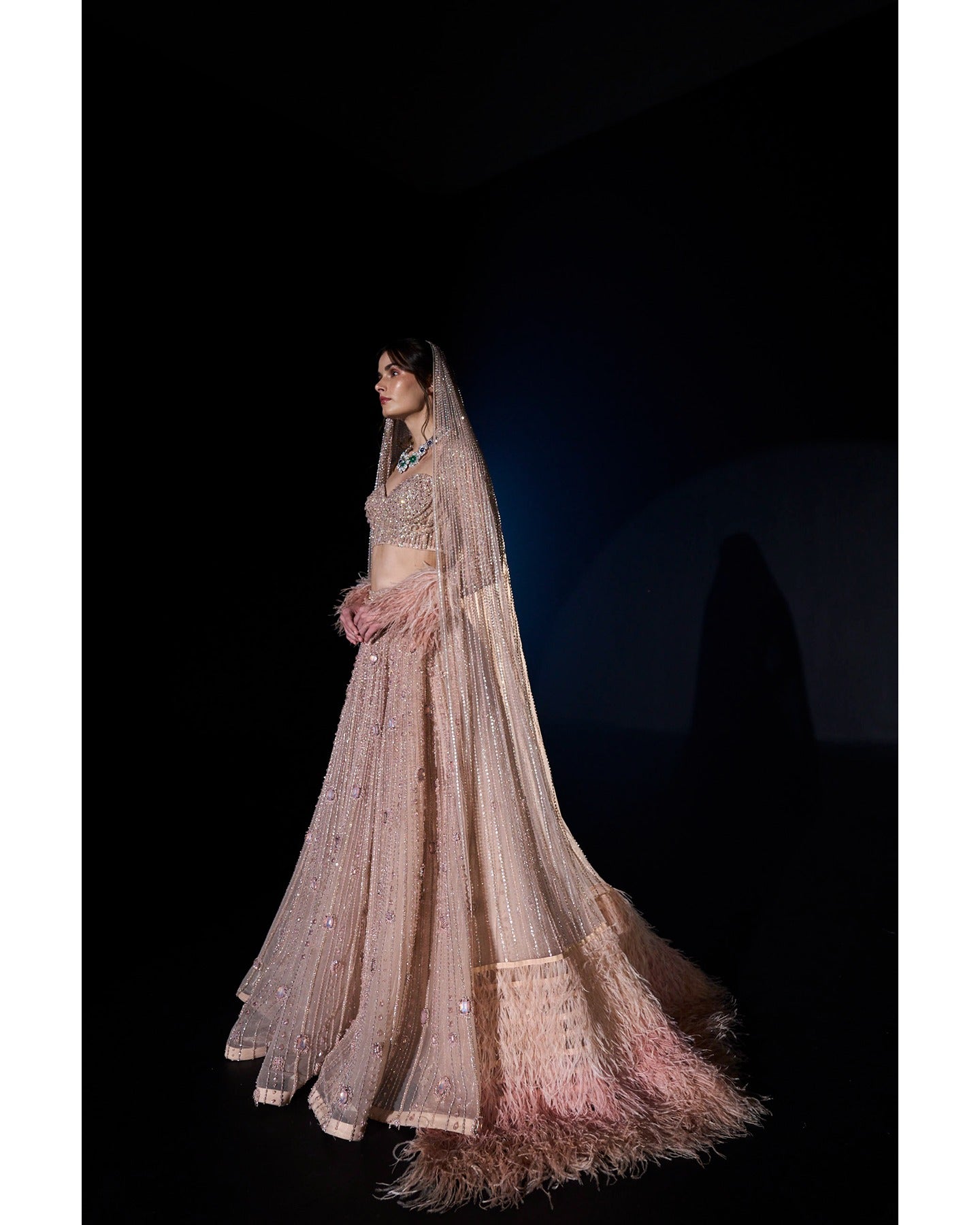Draped in elegance, our Nude Pink Lehenga intricately embellished with stones, crystals, sequins, and Japanese cut-dana, unveils a timeless symphony of grace and sophistication.
