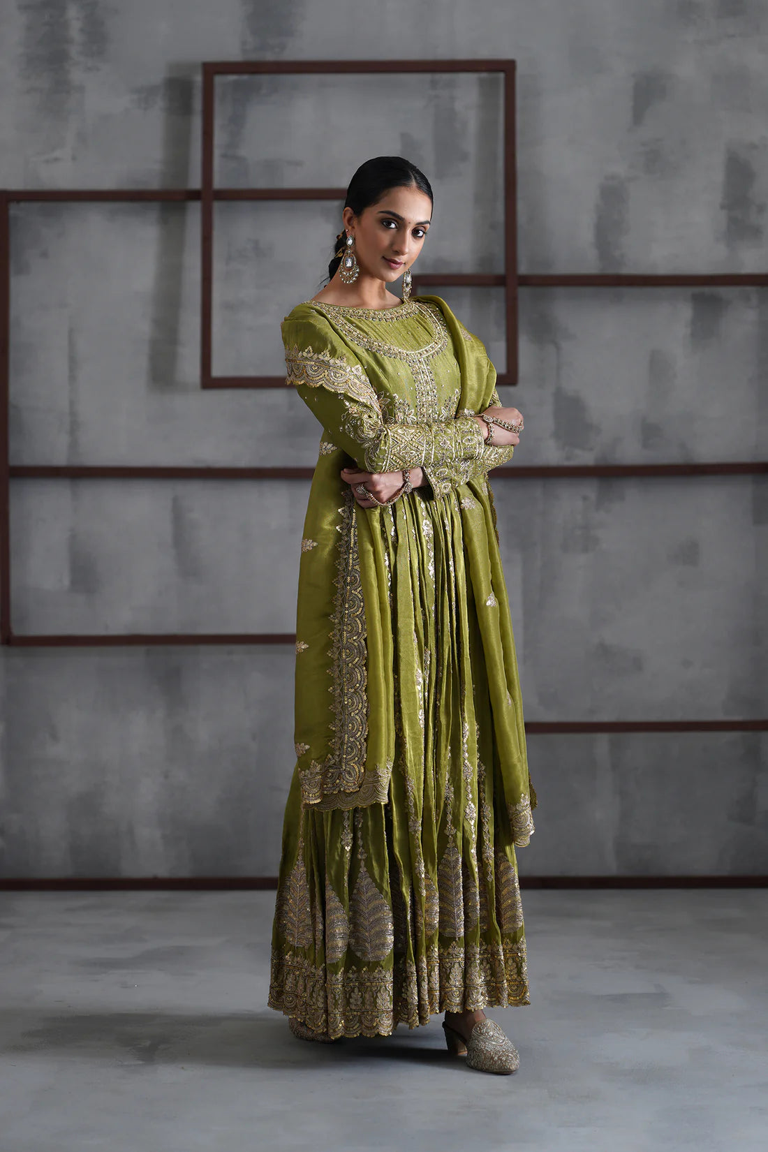 Mehendi Green Embroidered Anarkali, Churidar and Dupatta