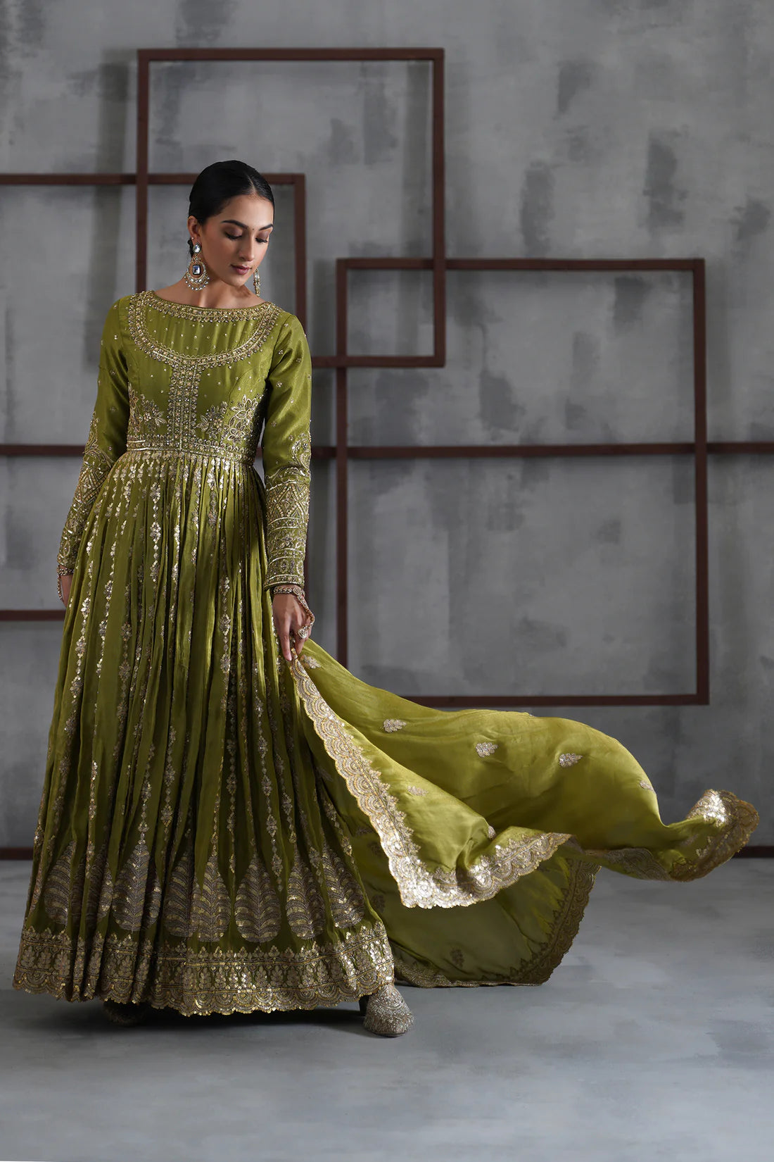 Mehendi Green Embroidered Anarkali, Churidar and Dupatta