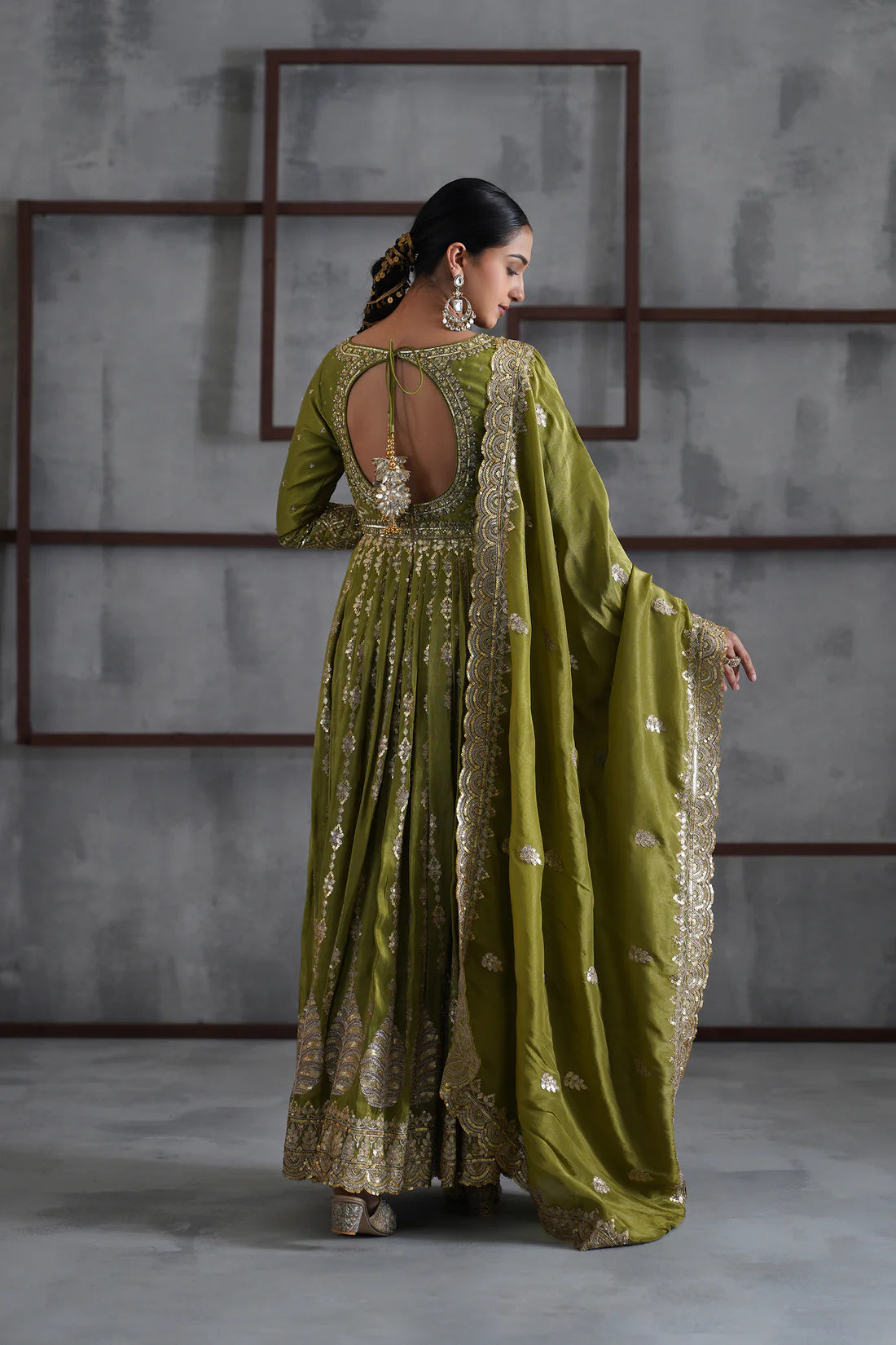 Mehendi Green Embroidered Anarkali, Churidar and Dupatta