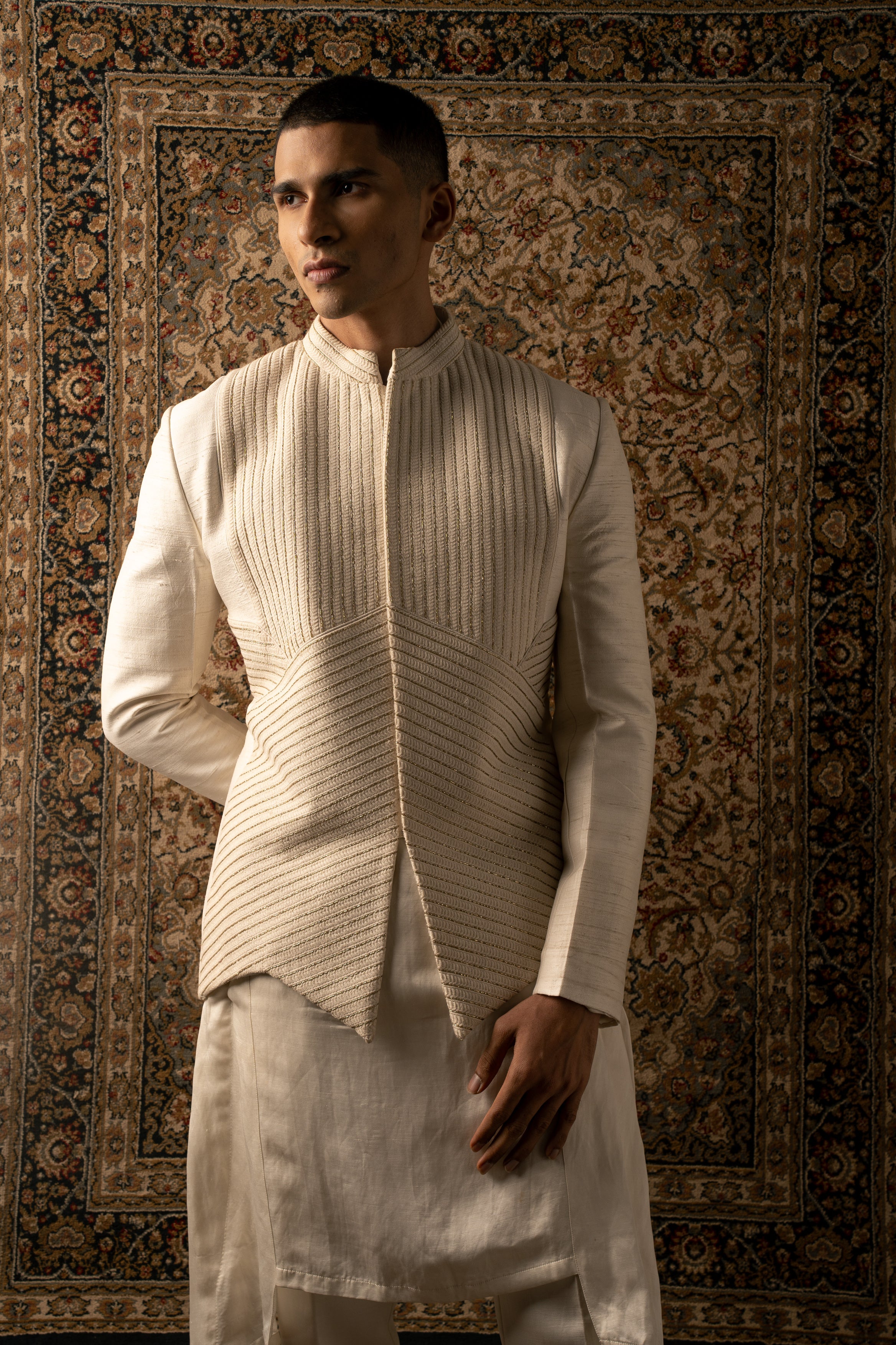 Effortless elegance meets timeless charm: Ivory Rawsilk Jacket paired with a Silk Kurta and Linen Satin Pants, a perfect fusion of tradition and modernity.