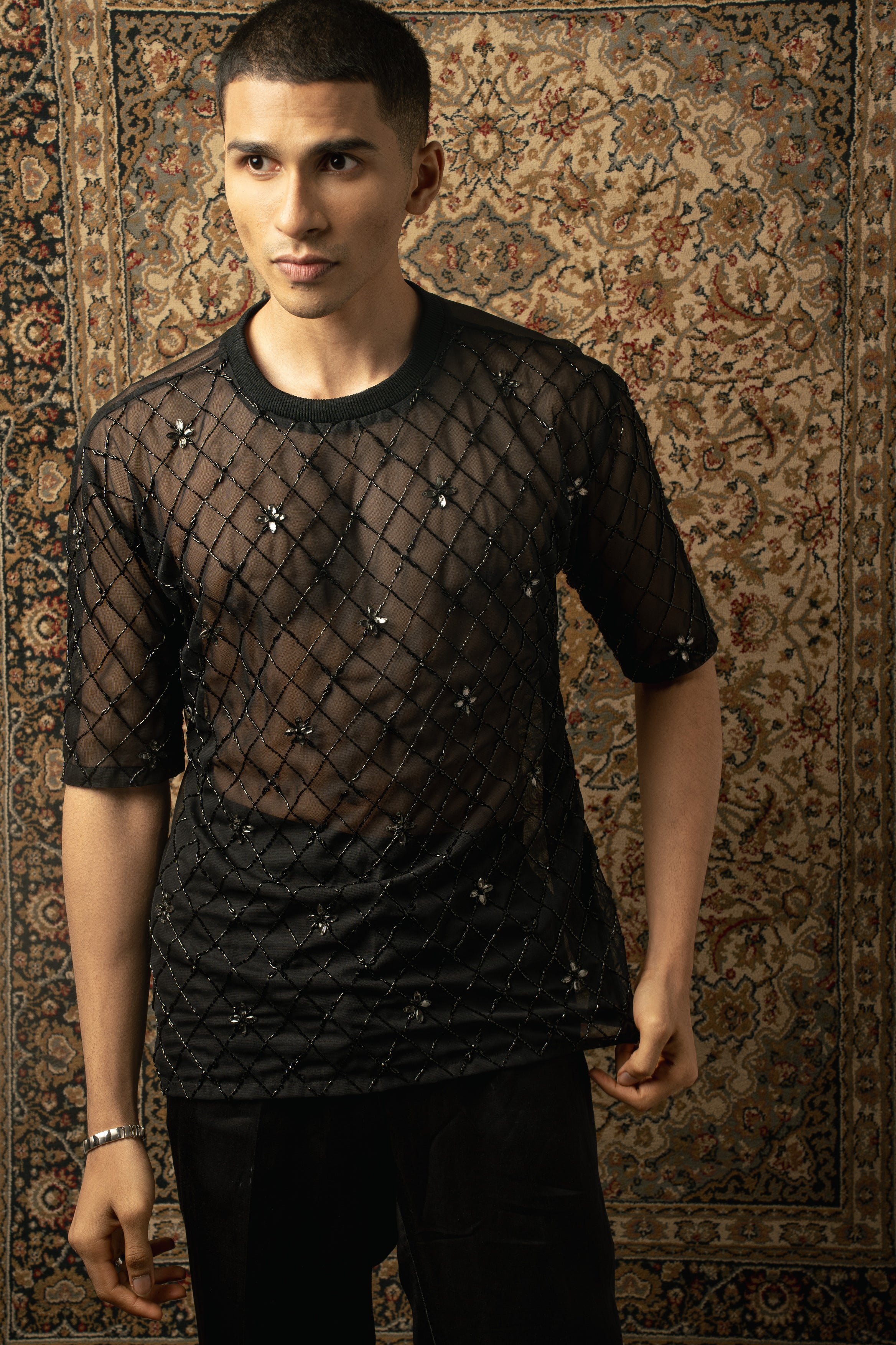 Embrace effortless sophistication with this sleek Silk Georgette shirt paired flawlessly with black pants, a timeless ensemble for any occasion.