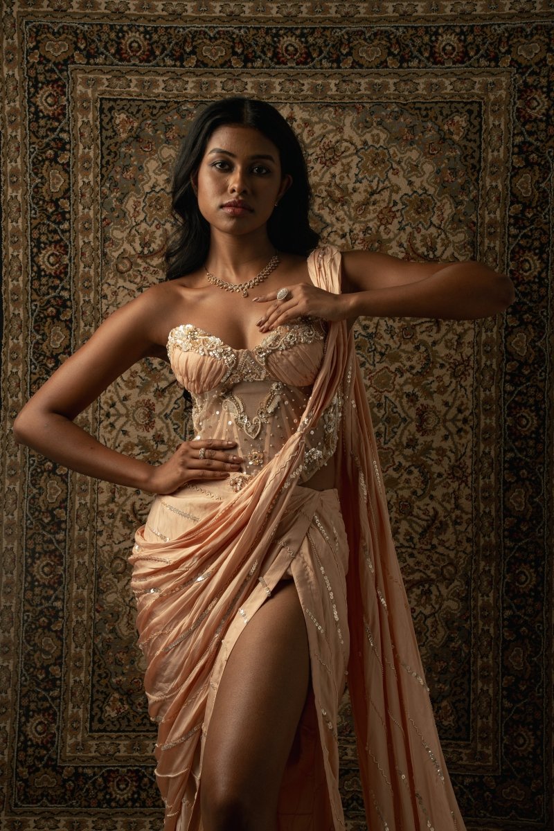 Peach Pre- Draped Saree | Jigar and Nikita Banu Designs Peach Pre- Draped Saree | Jigar and Nikita Banu Designs