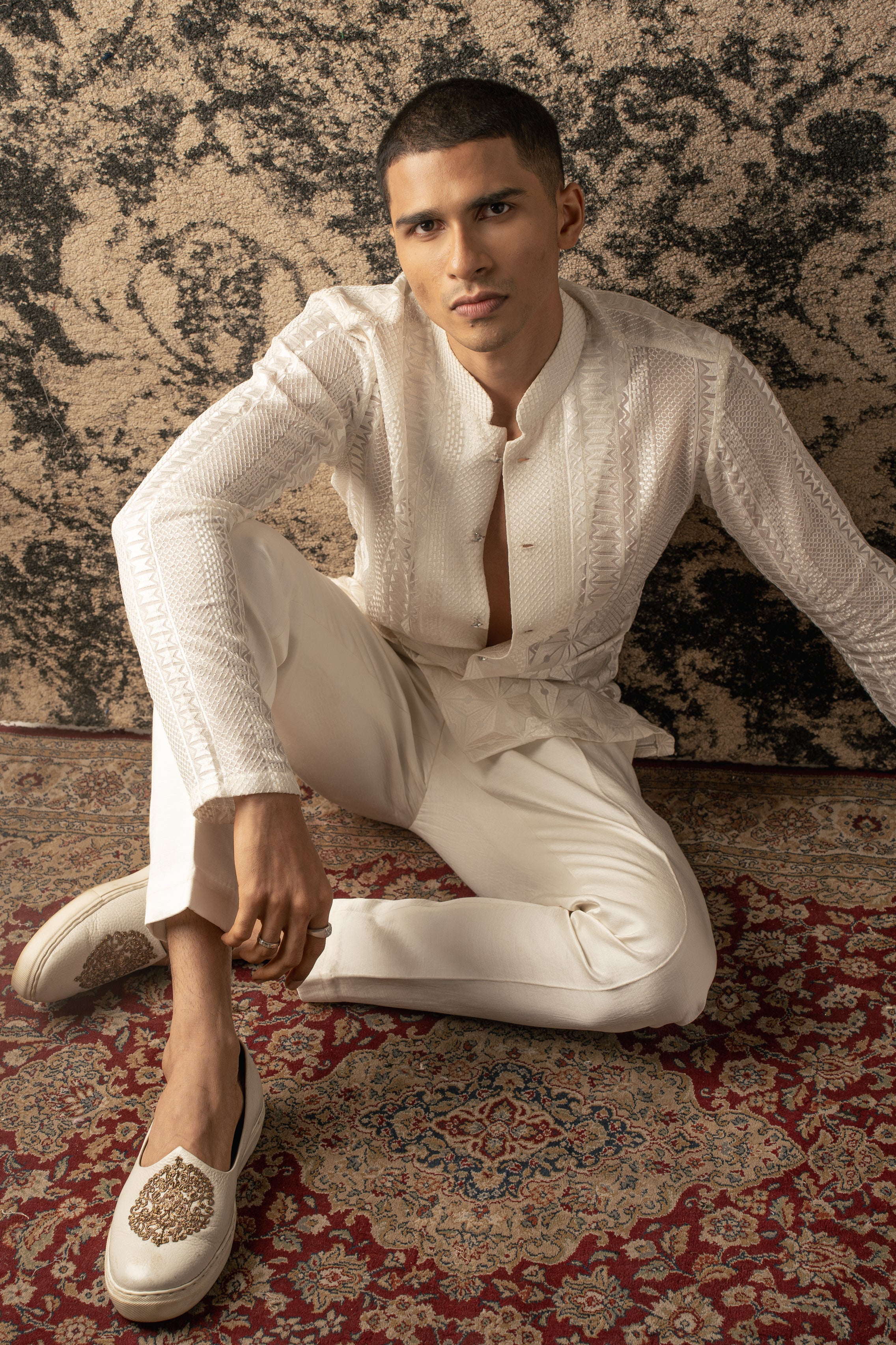 Chic minimalism in ivory: Silk georgette shirt effortlessly paired with satin linen pants for a timeless look.