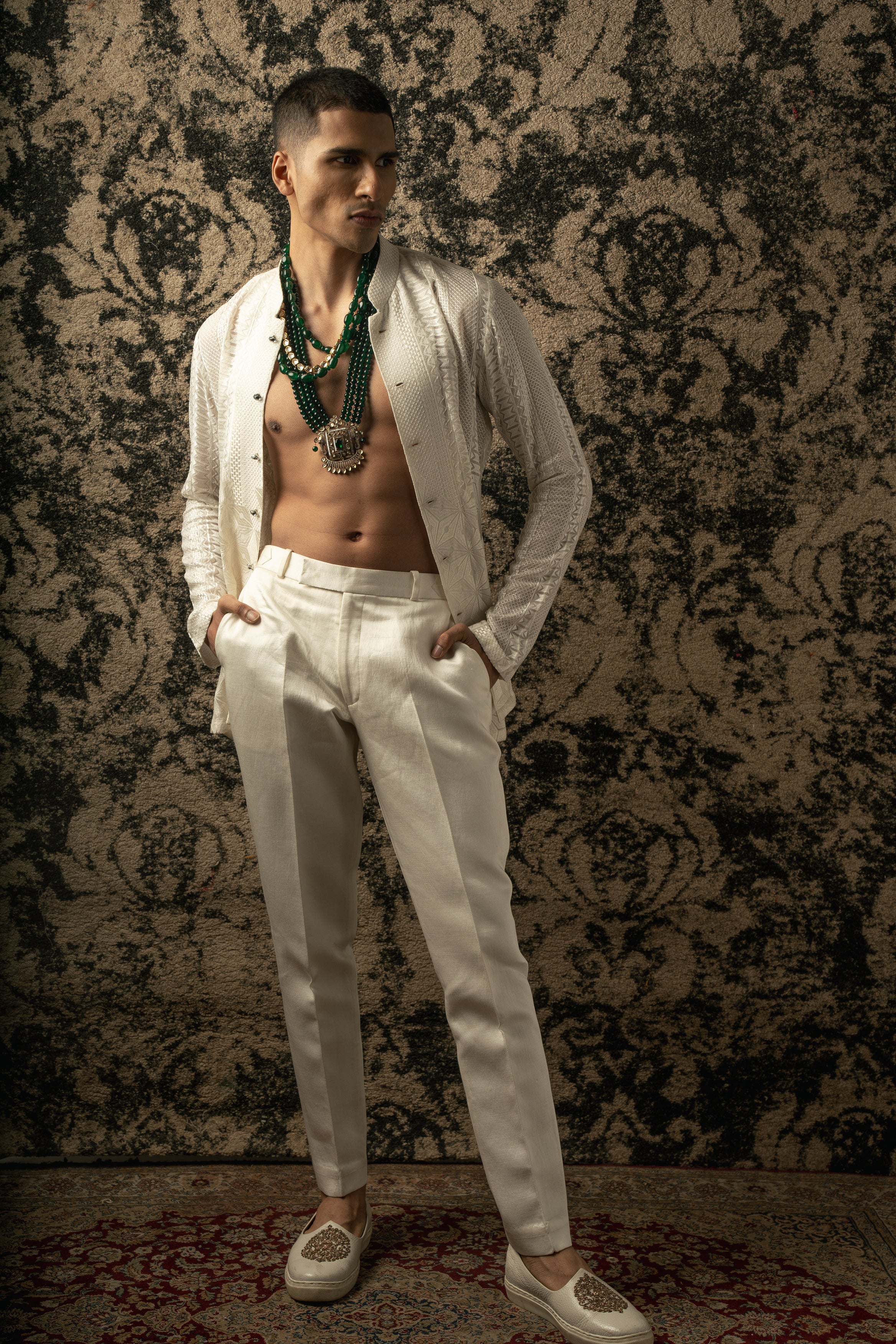 Effortless sophistication: Ivory silk georgette shirt paired with satin linen pants. Elevate your everyday style with this refined ensemble.