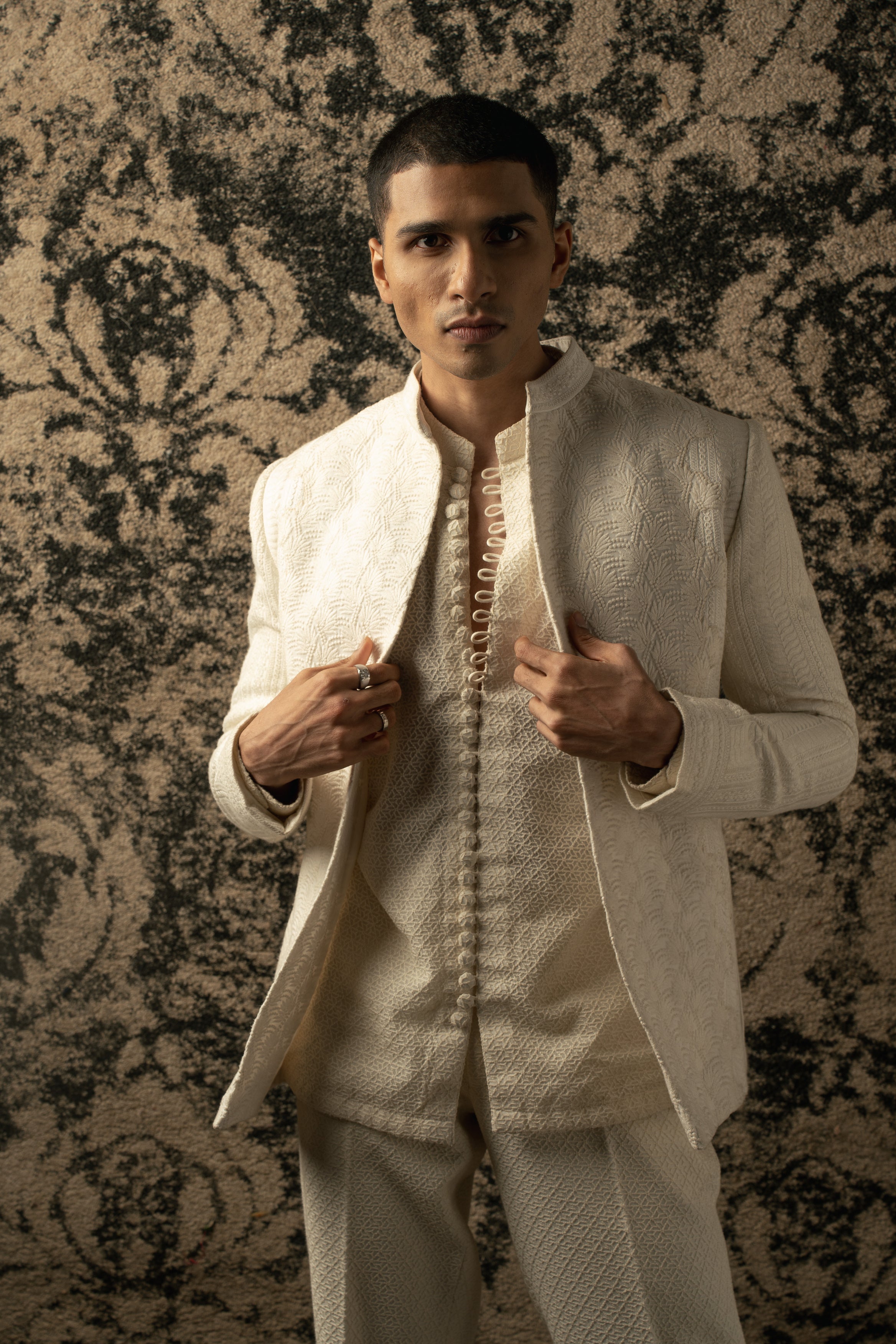 Effortlessly chic in Ivory: Silk Jacket, Georgette Shirt Kurta, and Pants ensemble, a fusion of luxury and comfort for any occasion