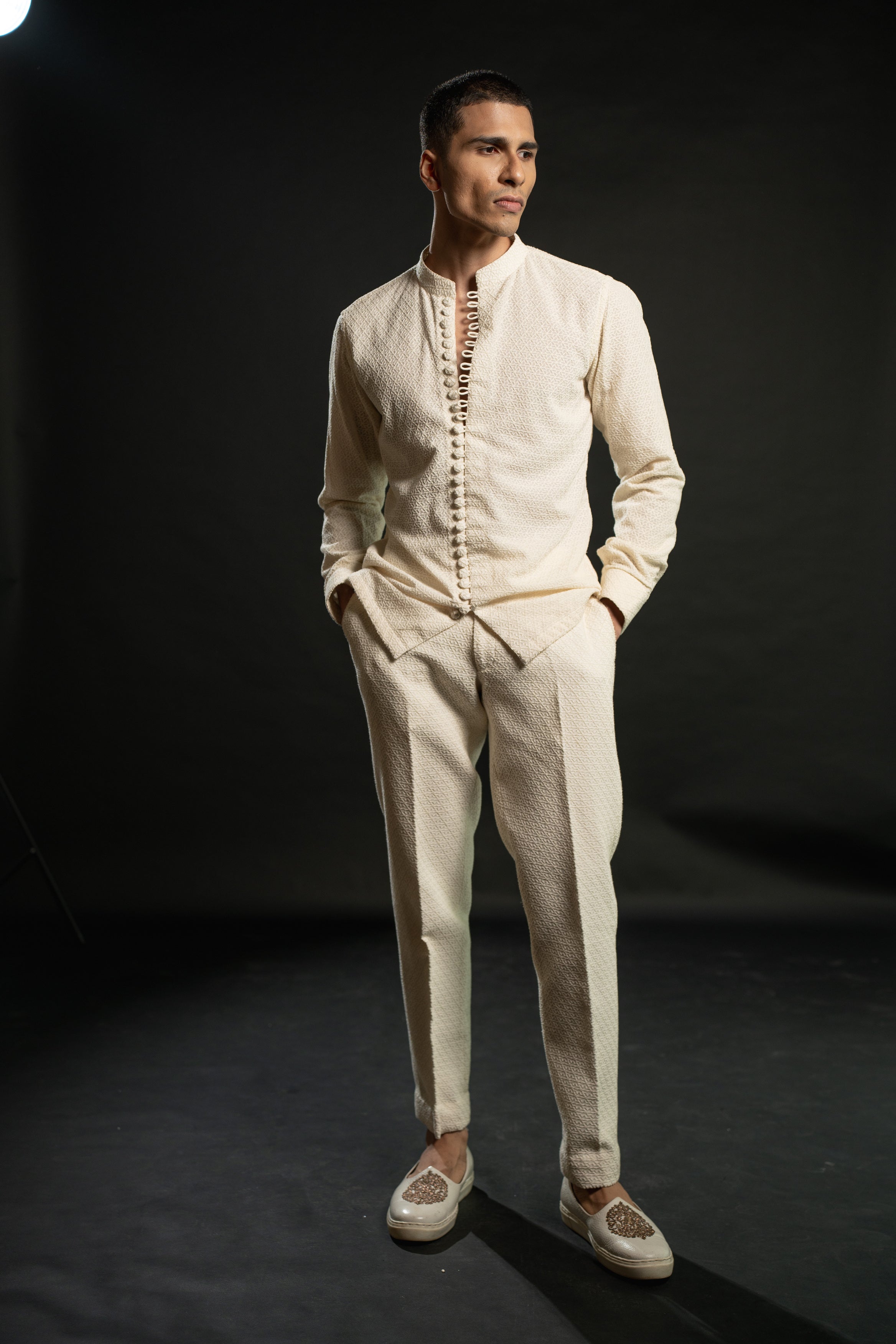 Elevate your style with this Ivory Georgette shirt and pants duo, a symbol of understated luxury and refined taste.