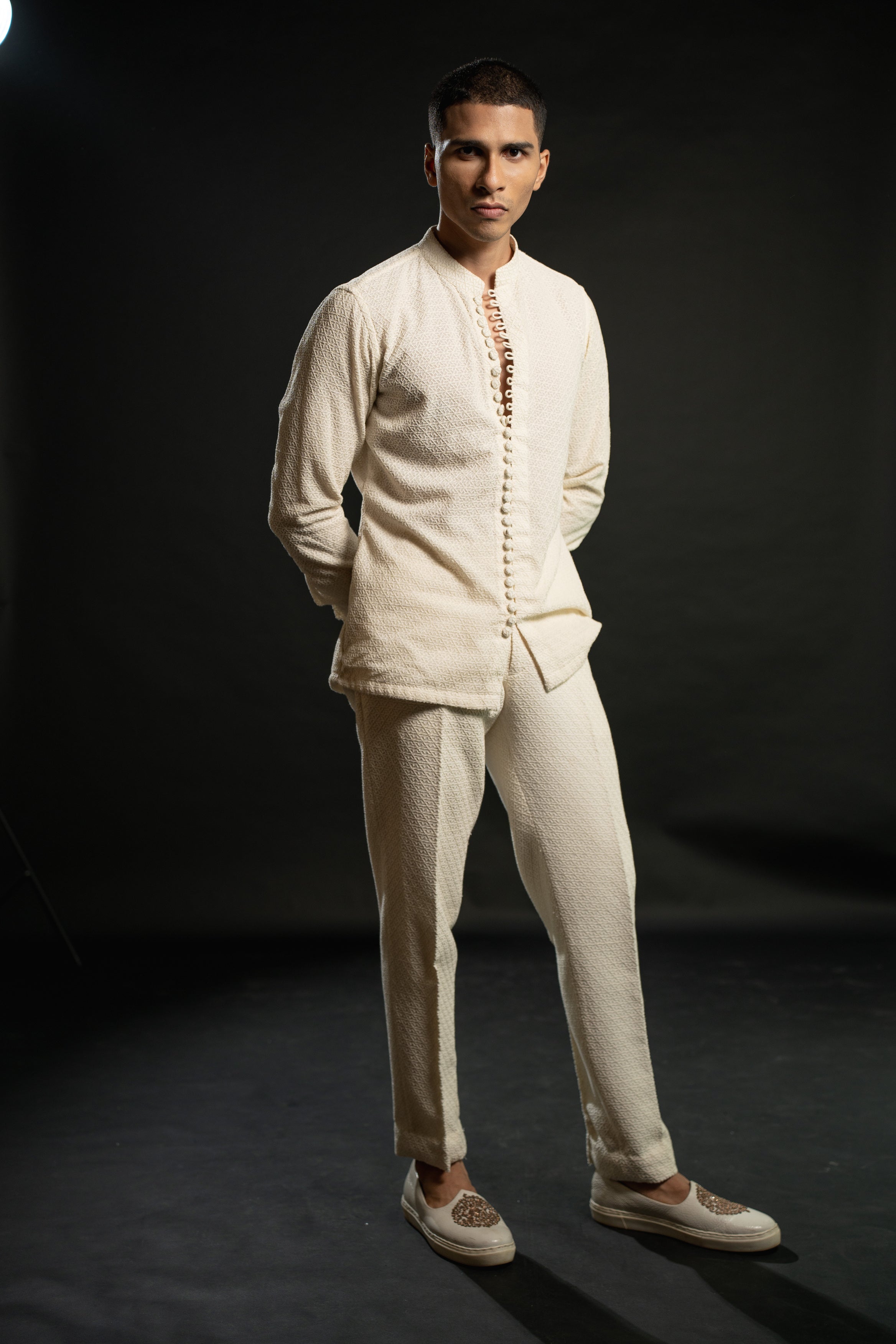 Radiant in Ivory: Drift into elegance with this Georgette shirt and pants ensemble, a perfect blend of comfort and style.