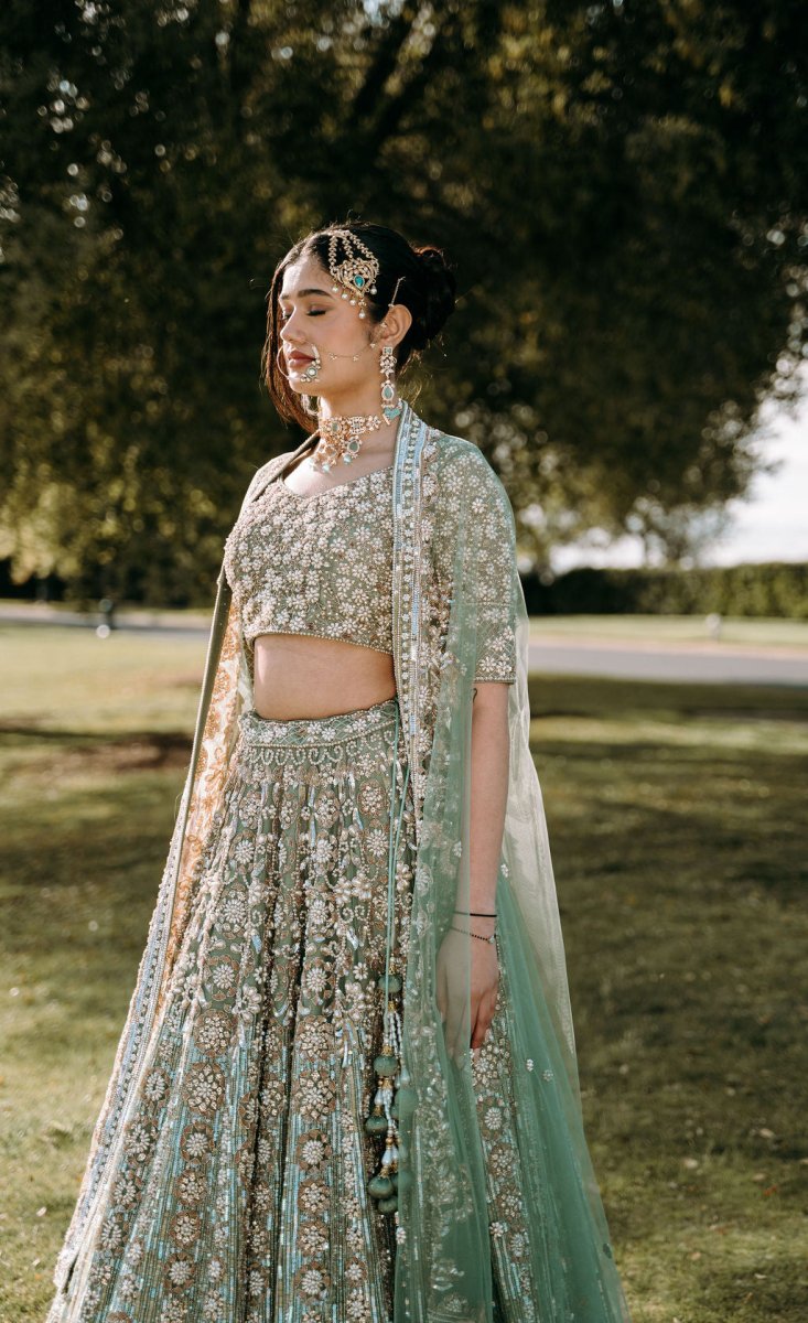 mint green indian wedding dress Sage Green Sequence Embroidery Bridal Lehenga Choli For Indian Wedding
