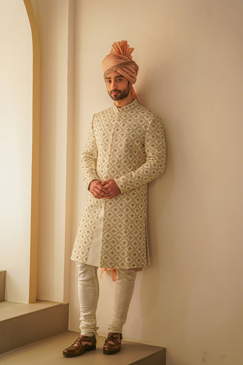 Elegant Ivory Tan Sherwani Set: Perfect for making a sophisticated statement