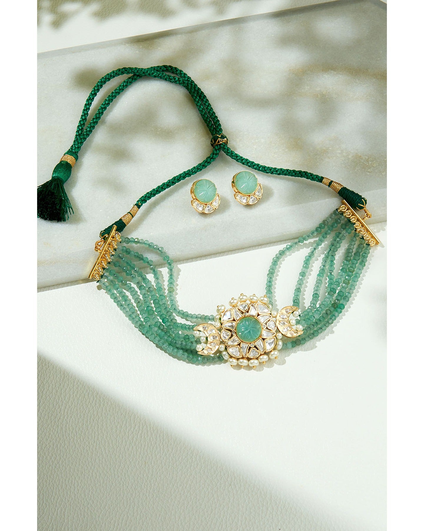 Green & Golden Polki Necklace Set