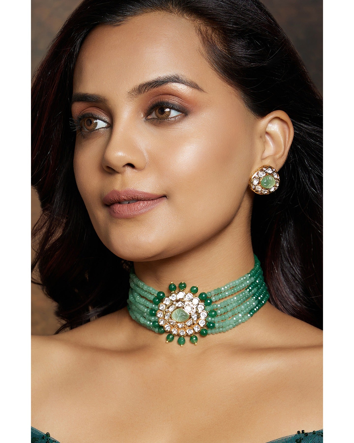 Multi Shaded Green Polki Choker Set