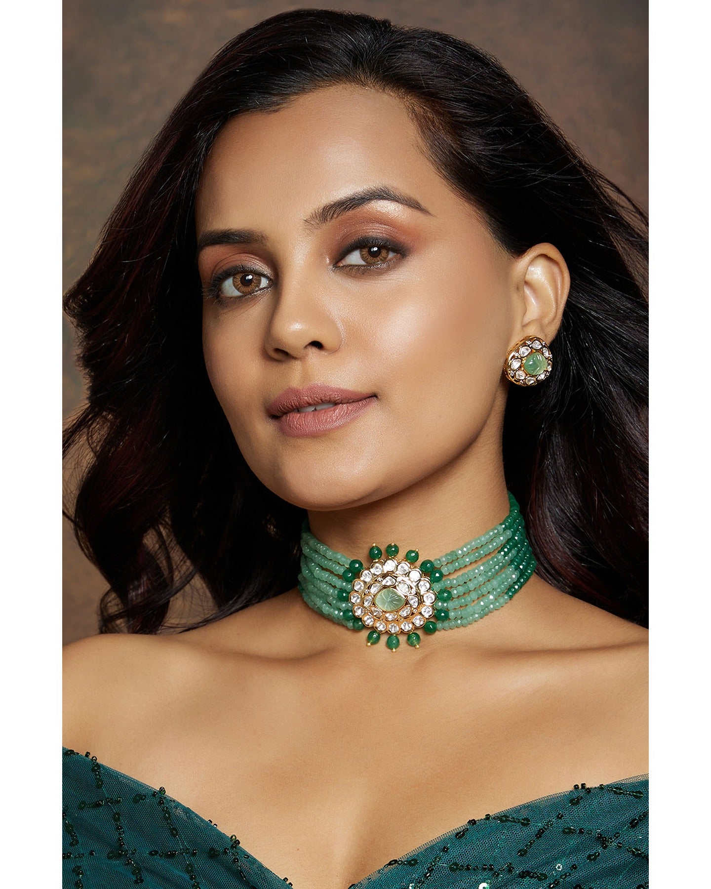 Multi Shaded Green Polki Choker Set