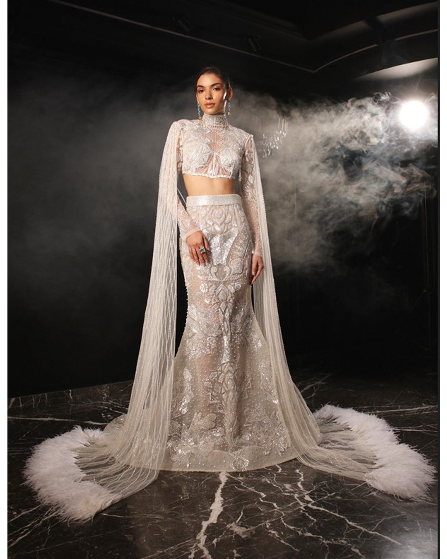 White Fish Cut Lehenga Set - Main Image
