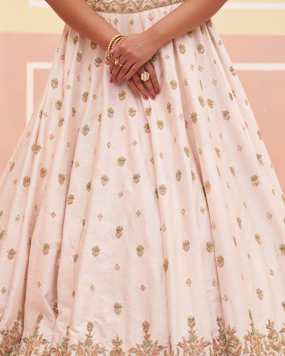Regal Blush Pink Raw Silk Lehenga Set Ideal for Wedding Celebrations
