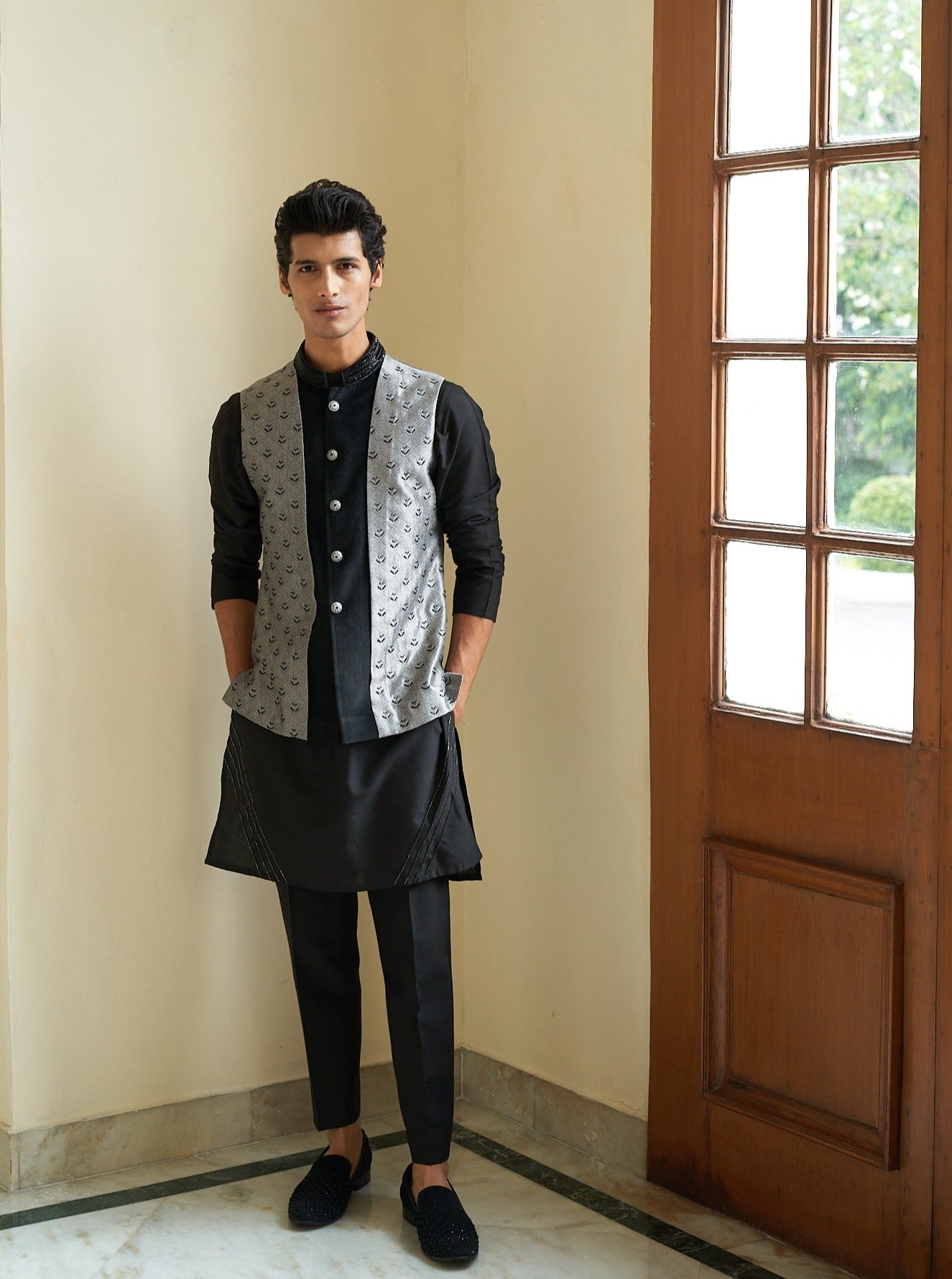 Sheen Black Nehru Jacket Set
