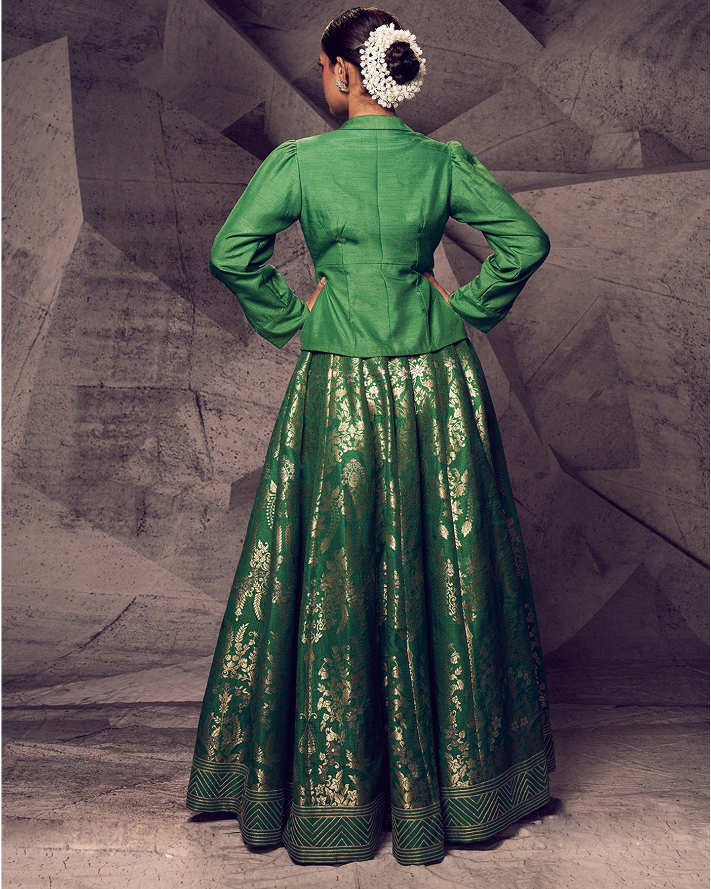Radiating the freshness of nature, this green lehenga paired with a chic shirt is a modern ode to traditional elegance.
