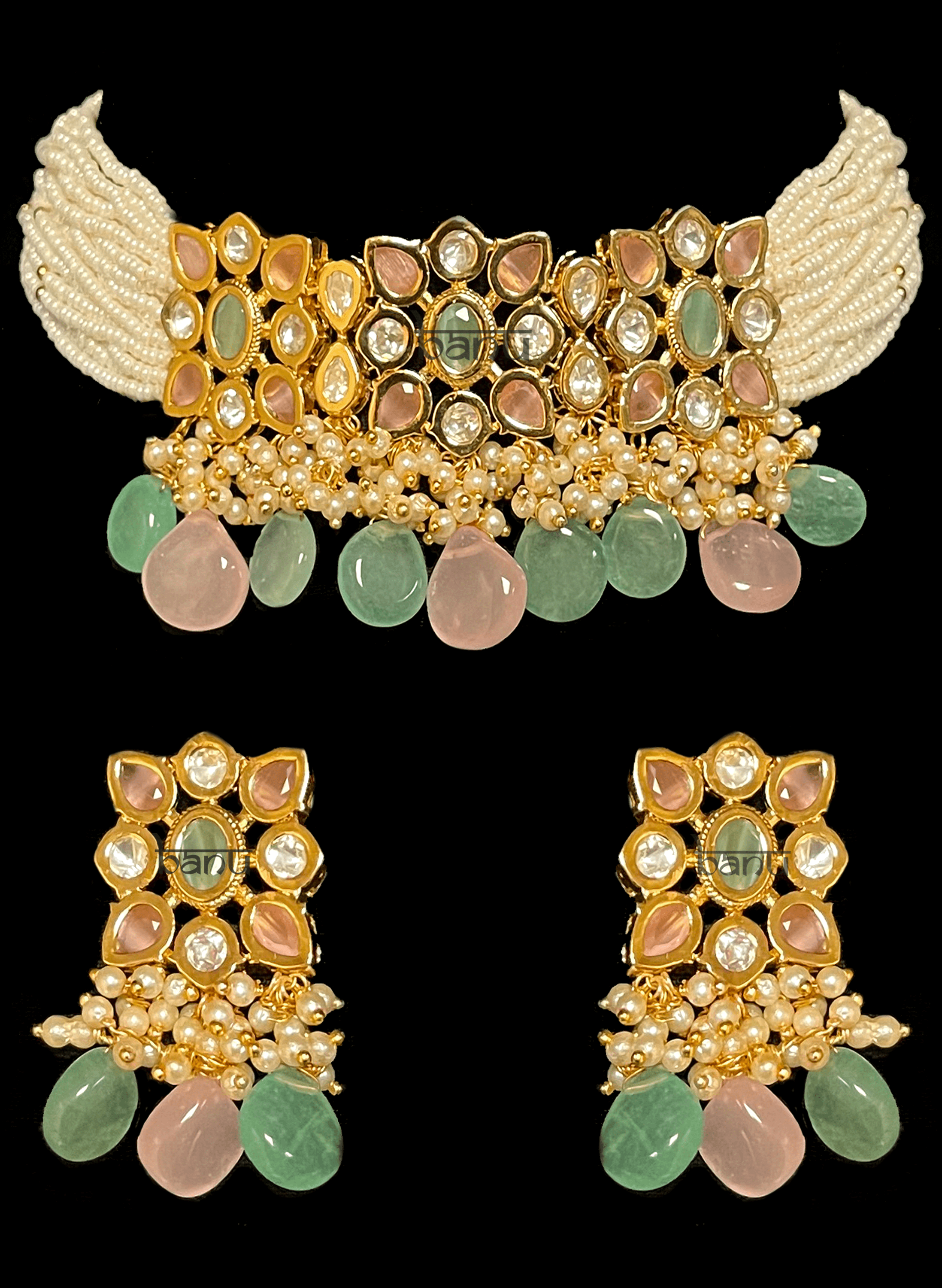 Kesir I - Indian Ladies' Pearl Choker & Earrings of Kundan & Pastel Onyx