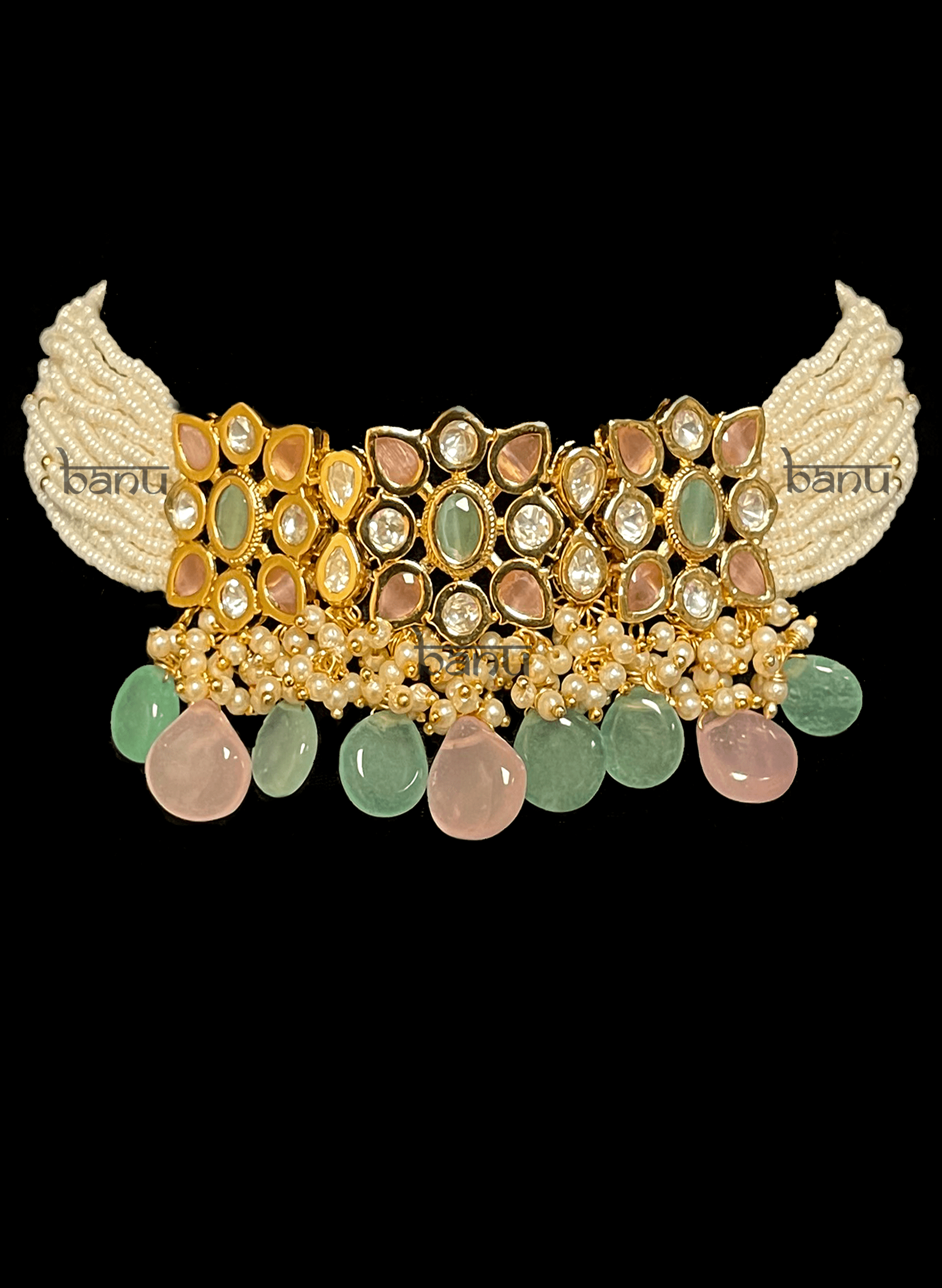 Kesir I - Indian Ladies' Pearl Choker & Earrings of Kundan & Pastel Onyx