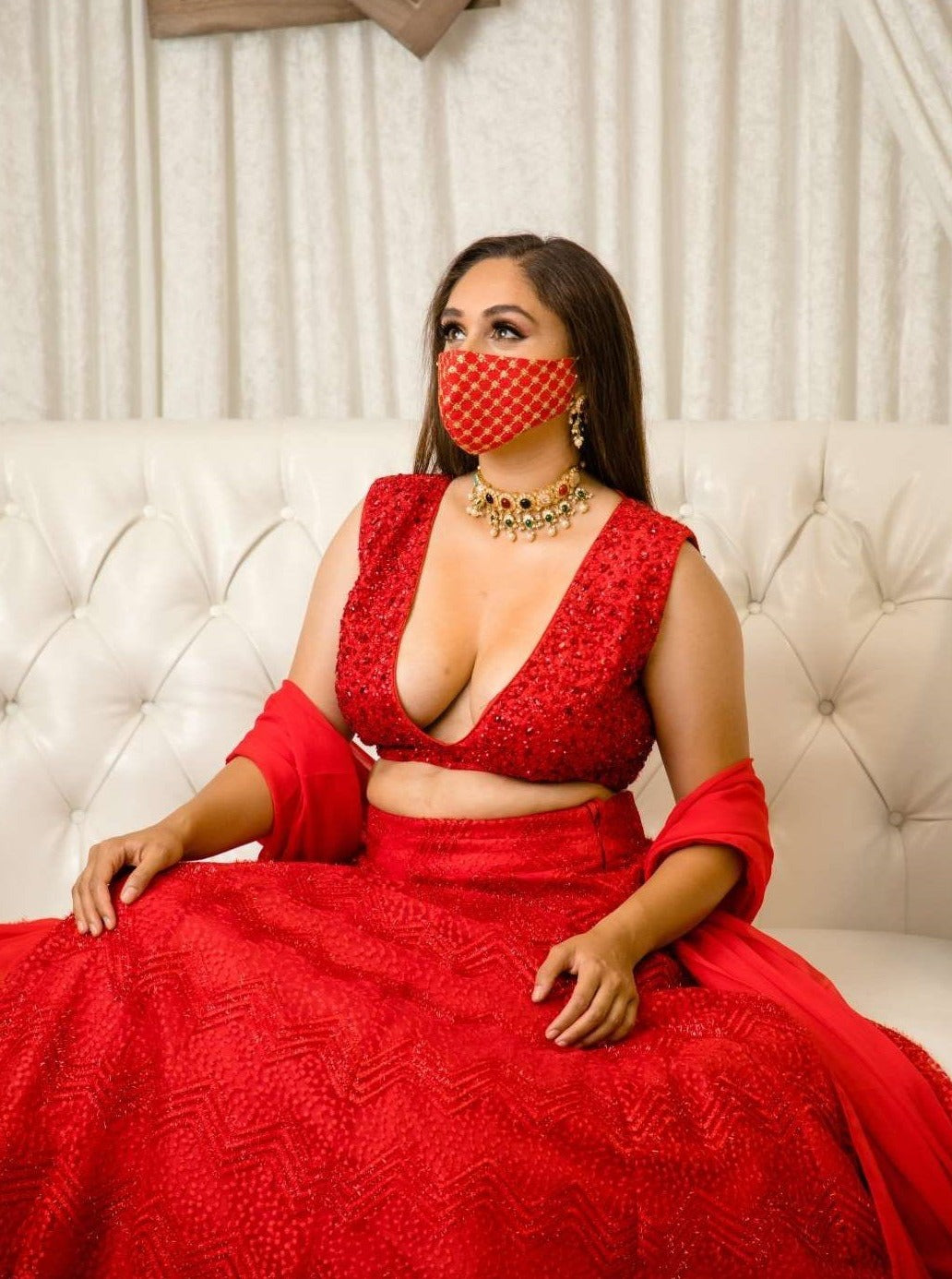 Jaal Bridal Silk Embroidery Face Mask - Red