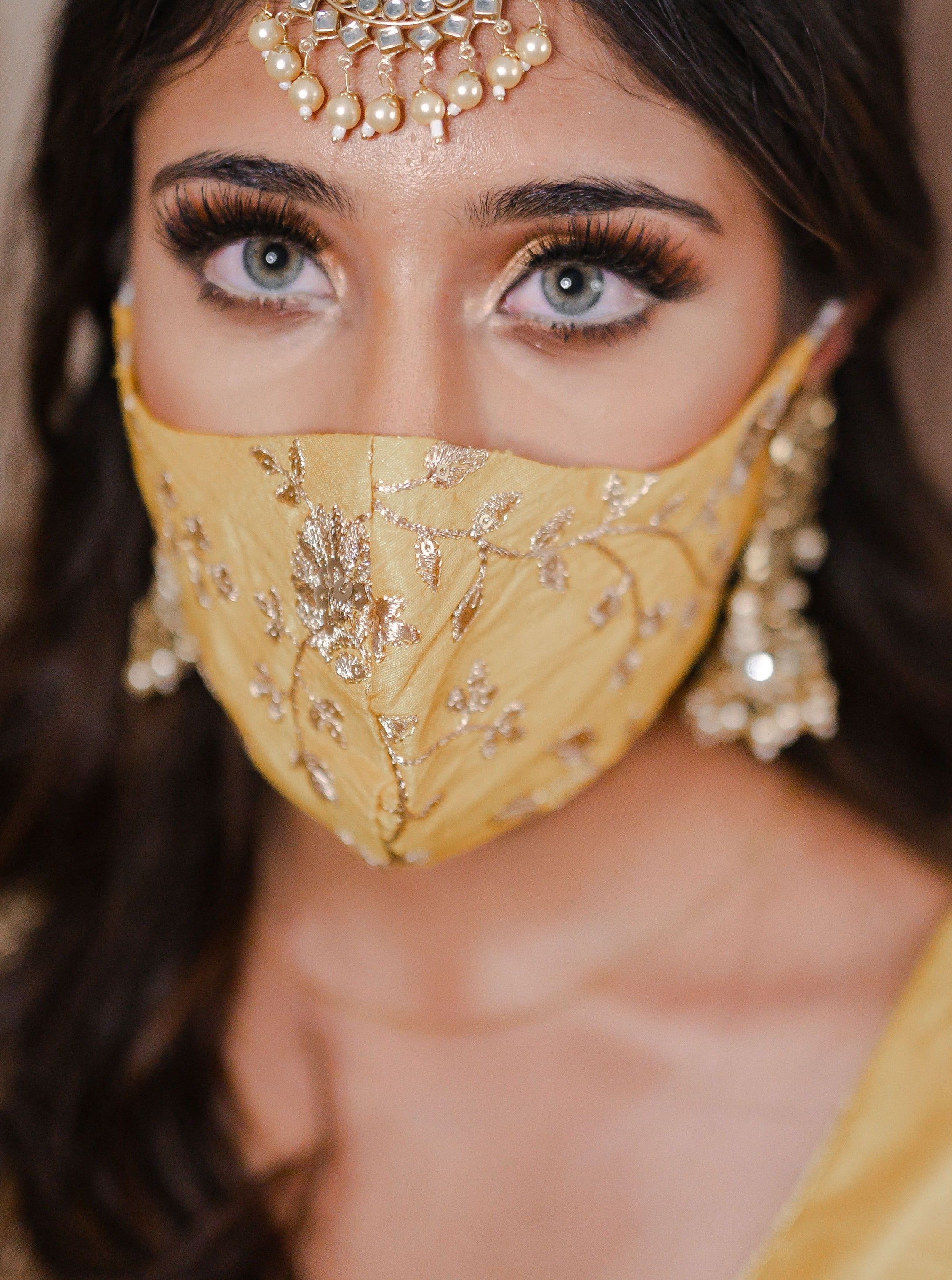 Bridal Silk Embroidery Face Mask - Bright Yellow Gold