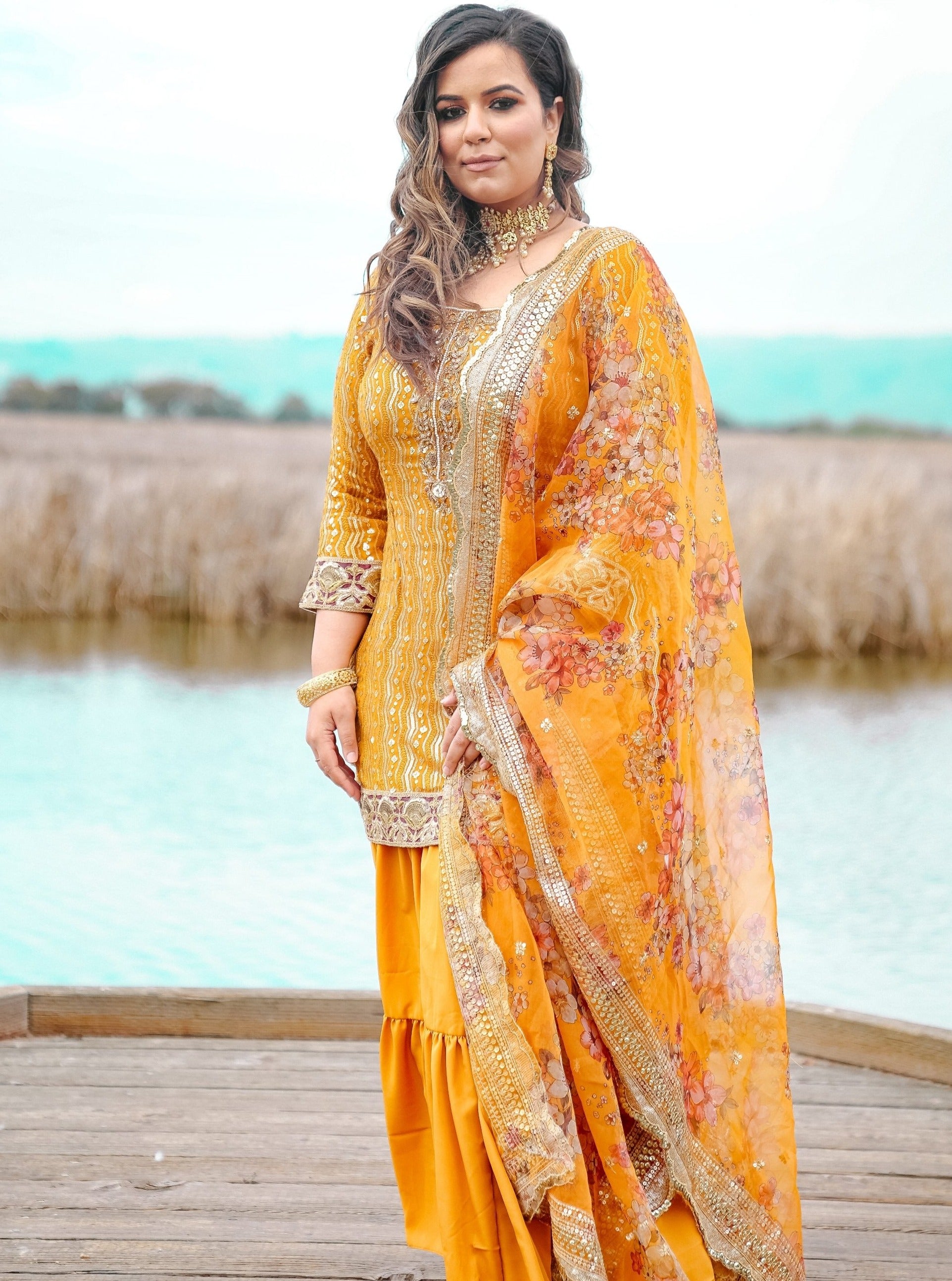 Party wear yellow sharara suit