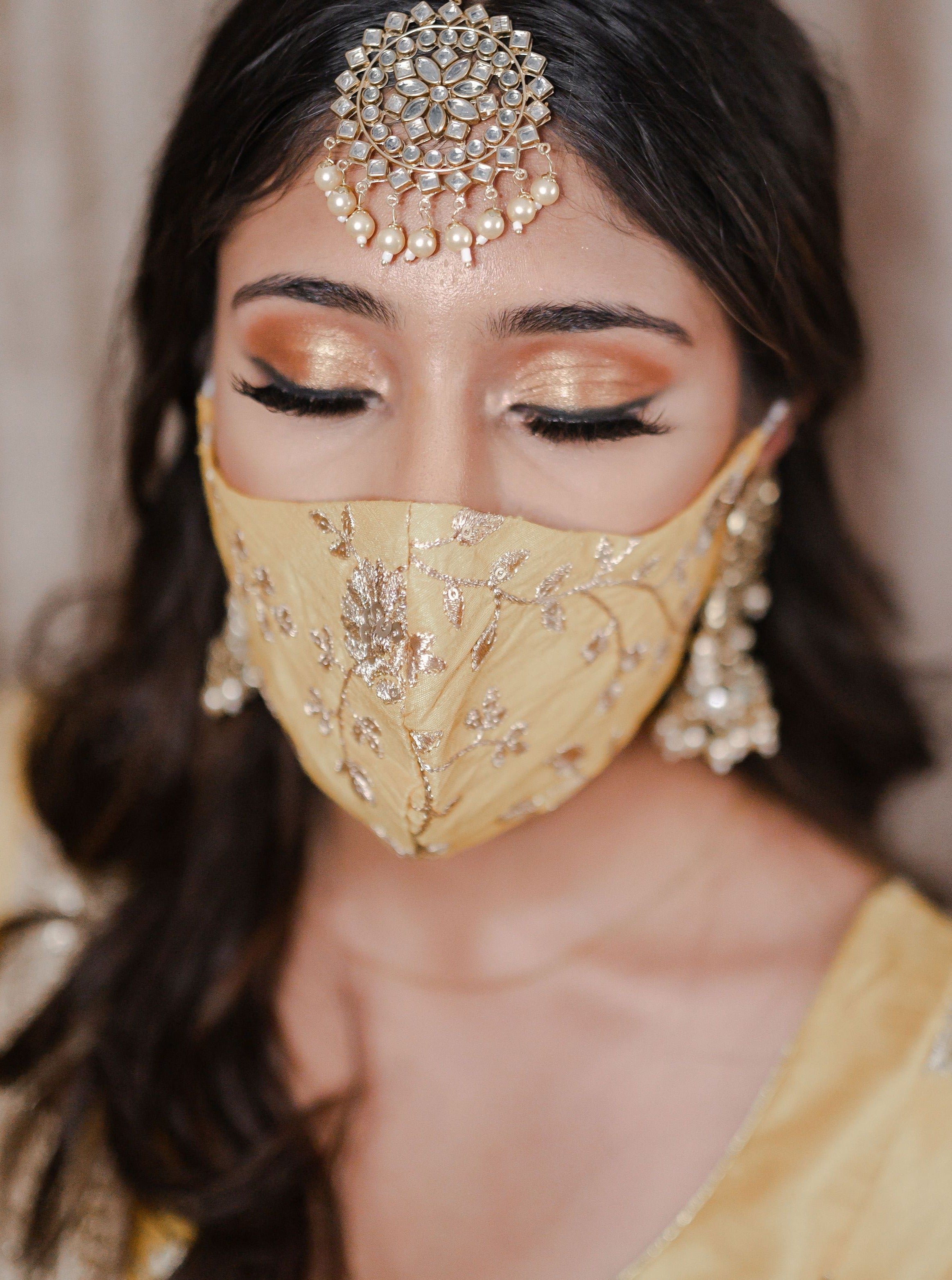 Bridal Silk Embroidery Face Mask - Bright Yellow Gold
