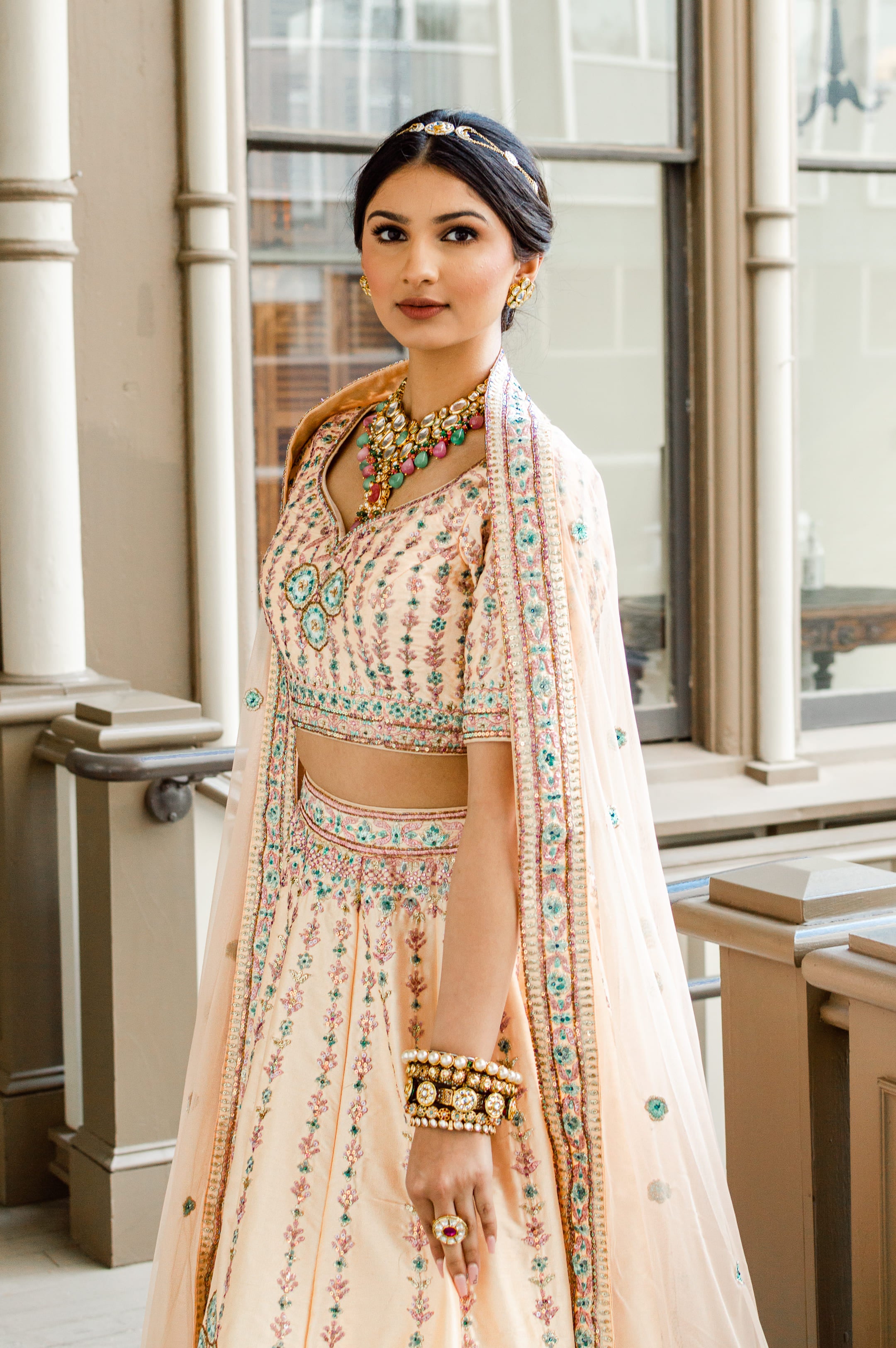 Peach Indian lehenga of dupion silk fabric