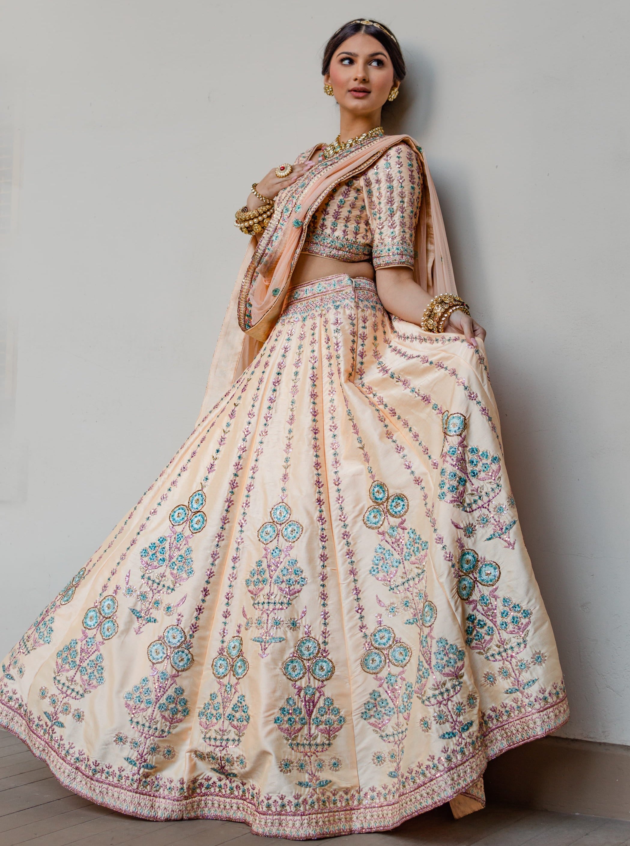 Flared peach skirt lehenga for brides in USA
