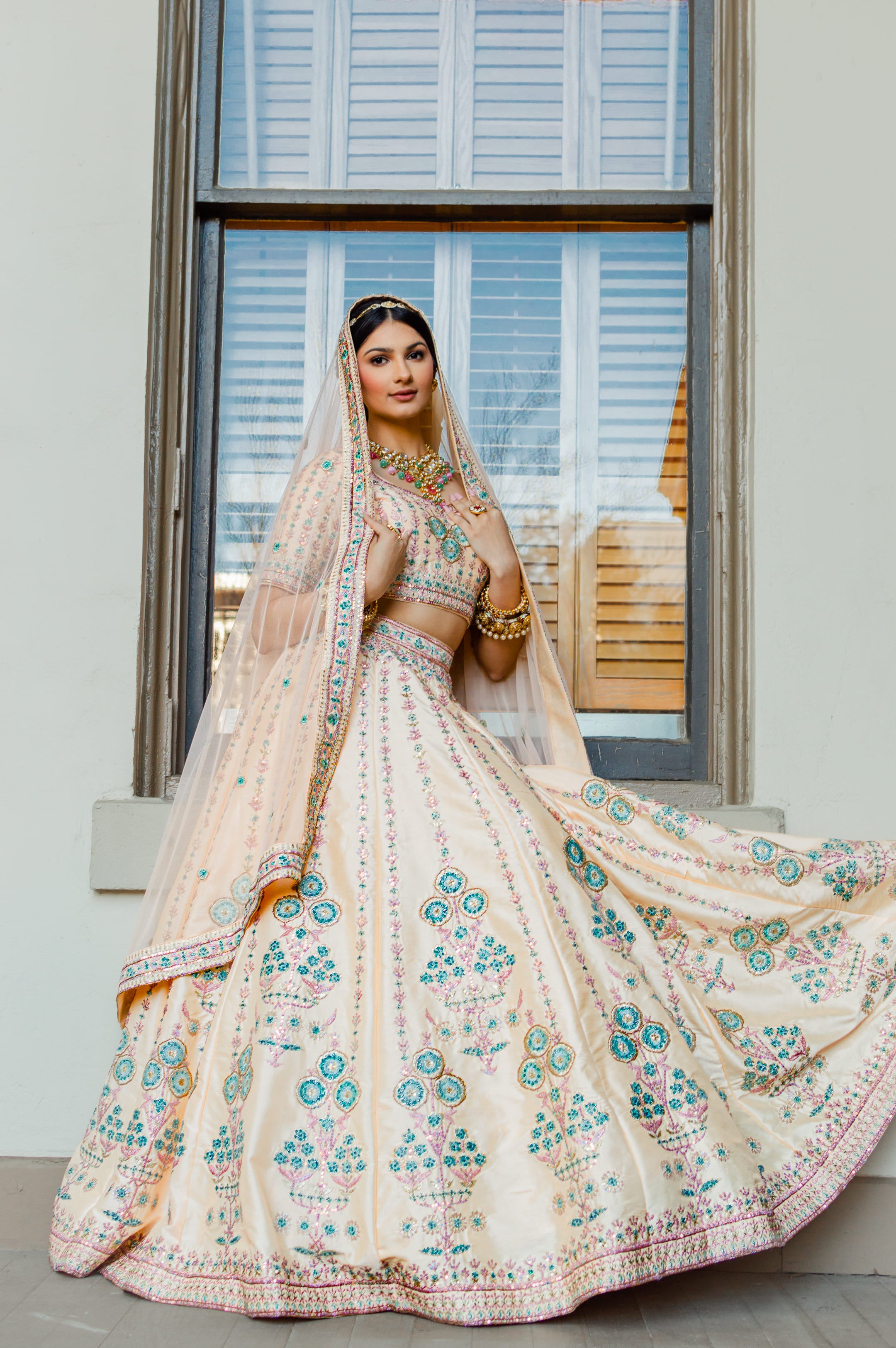 Perfect peach modern bridalwear w/ pastel embroidery