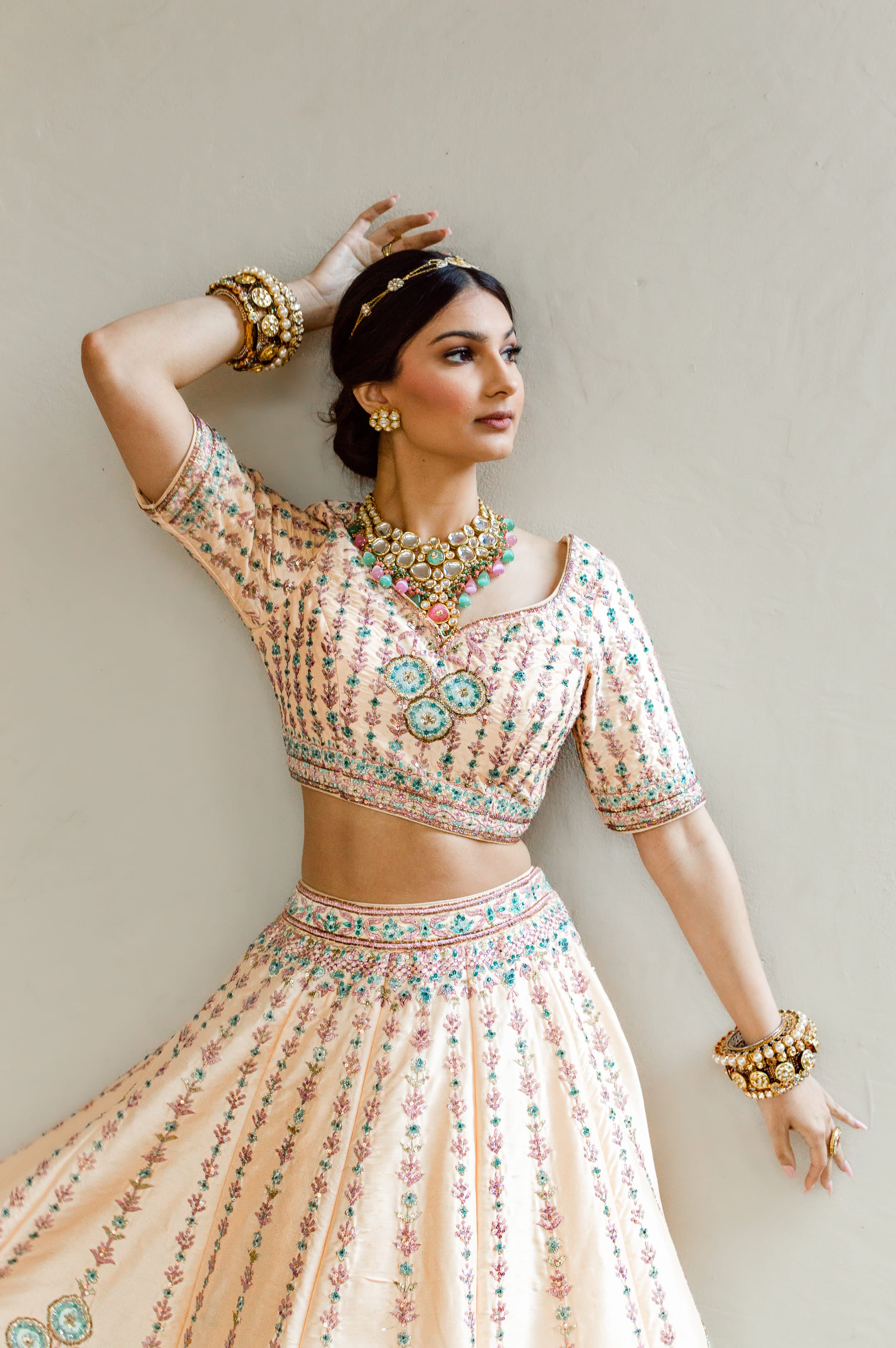 Ethnic lehenga choli in peach shade silk fabric