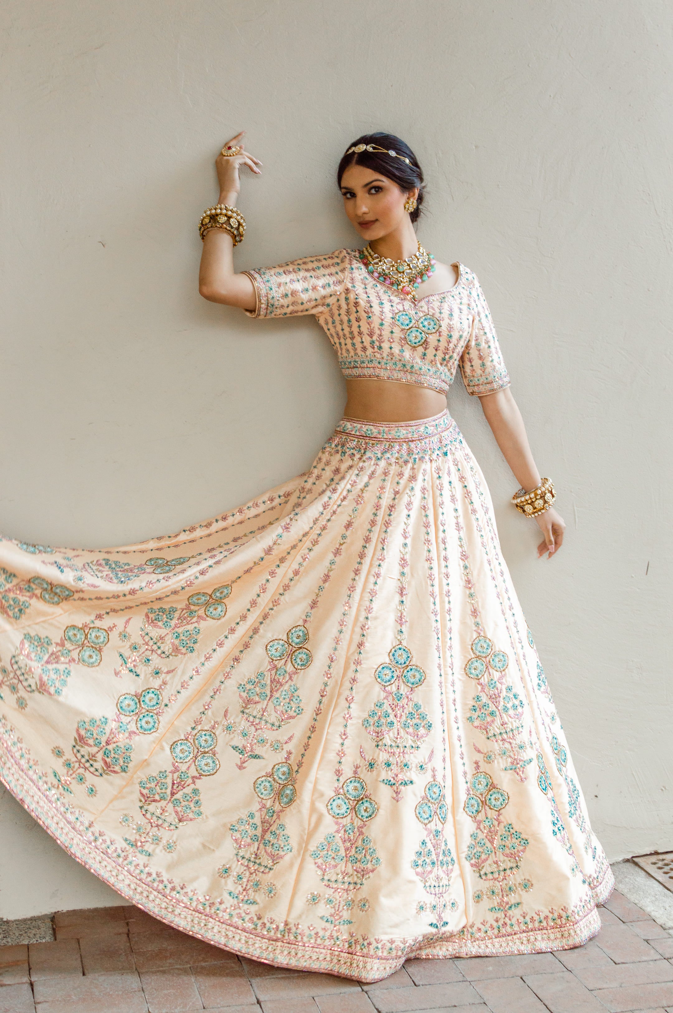 Flowy dupion silk wedding lehenga with Resham handwork