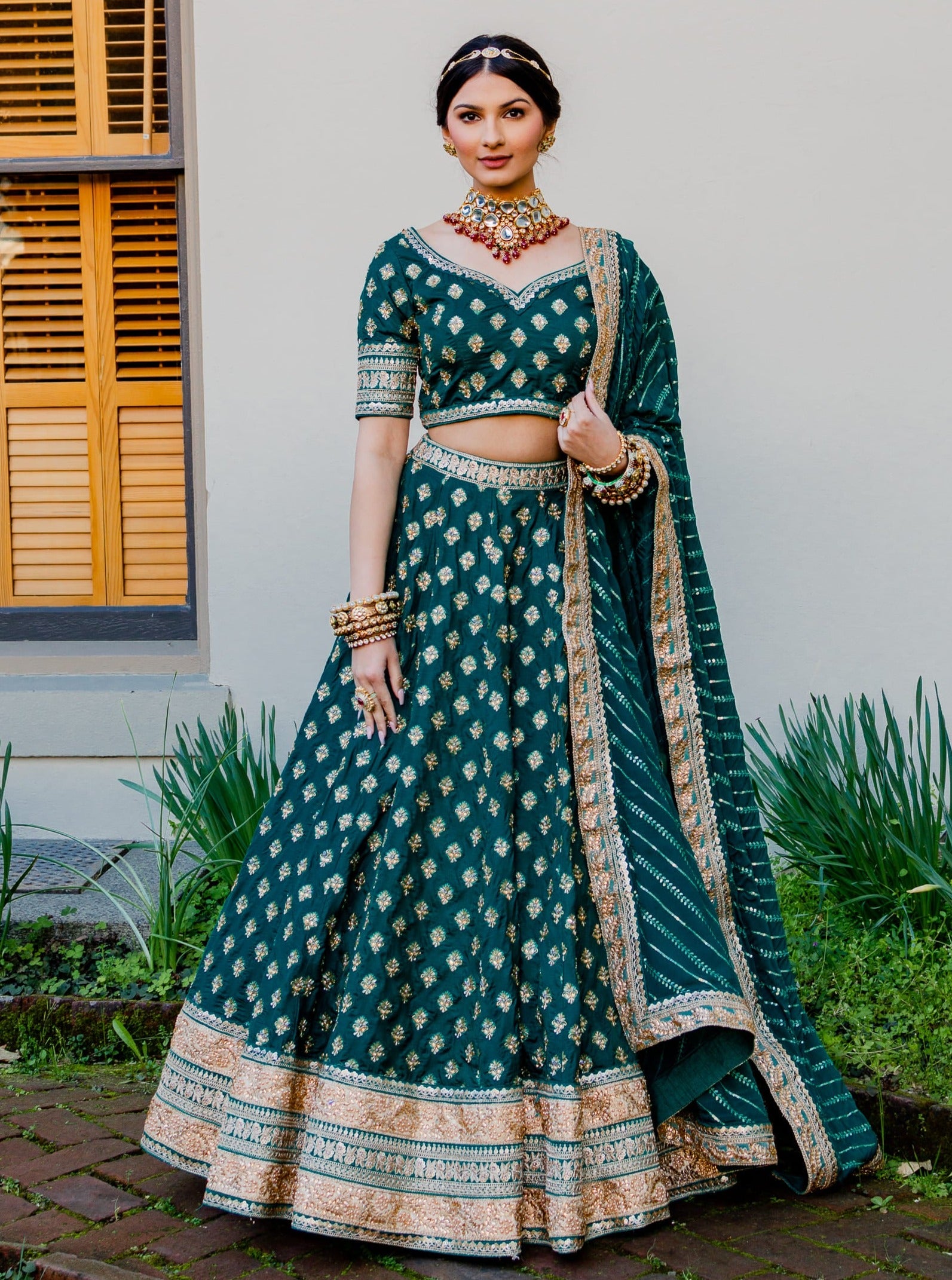 Banarasi Brocade green lehenga choli for modern brides