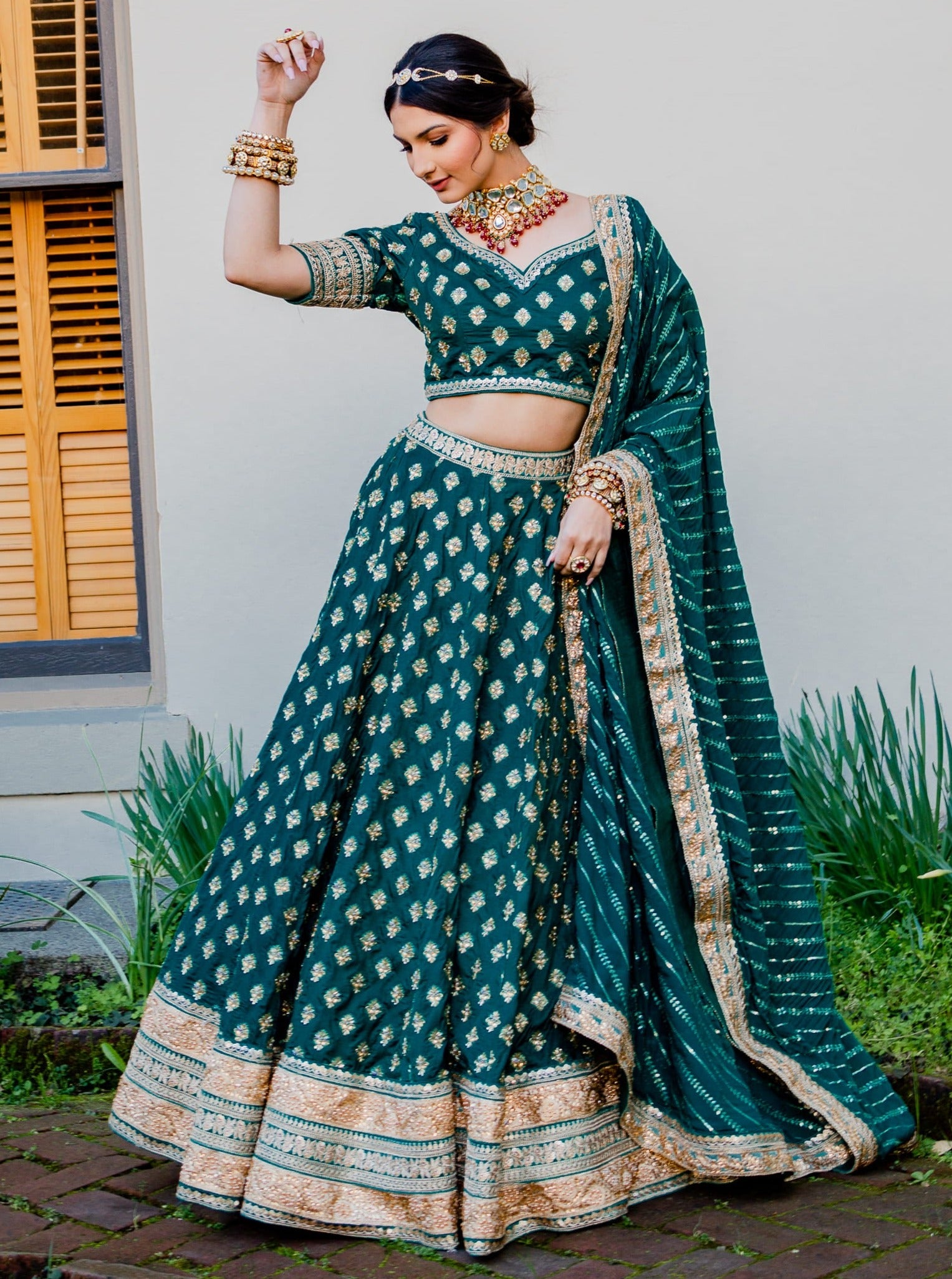 Banarasi Brocade green lehenga choli for modern brides